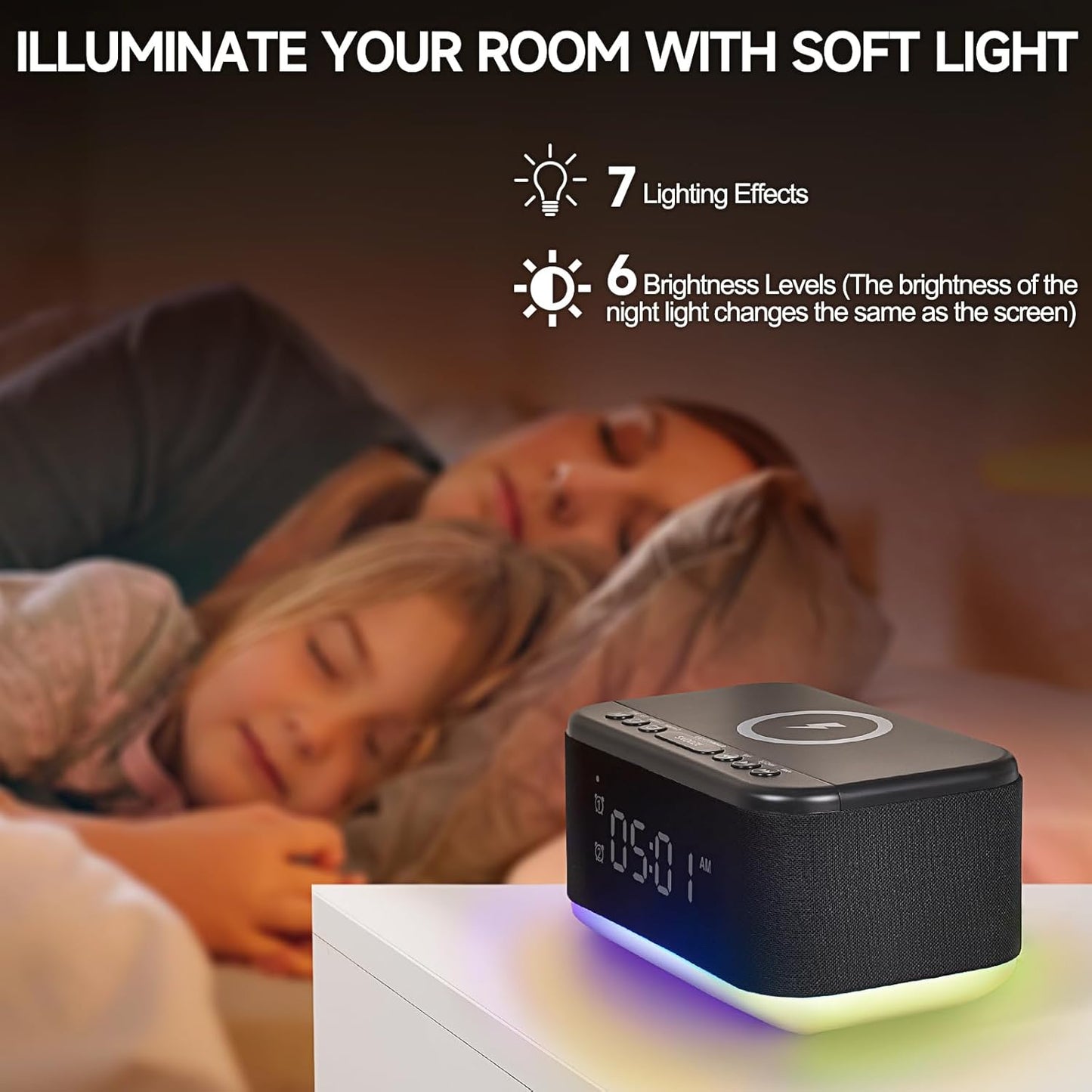 Alarm Clock Speaker Wireless Charger, Digital Alarm Clocks Bedrooms Bluetooth, Alarm Clock Dimmable Light Bedrooms Dual Alarm Snooze Dimmer 12 24H RGB Night Light Bluetooth USB AUX, Black