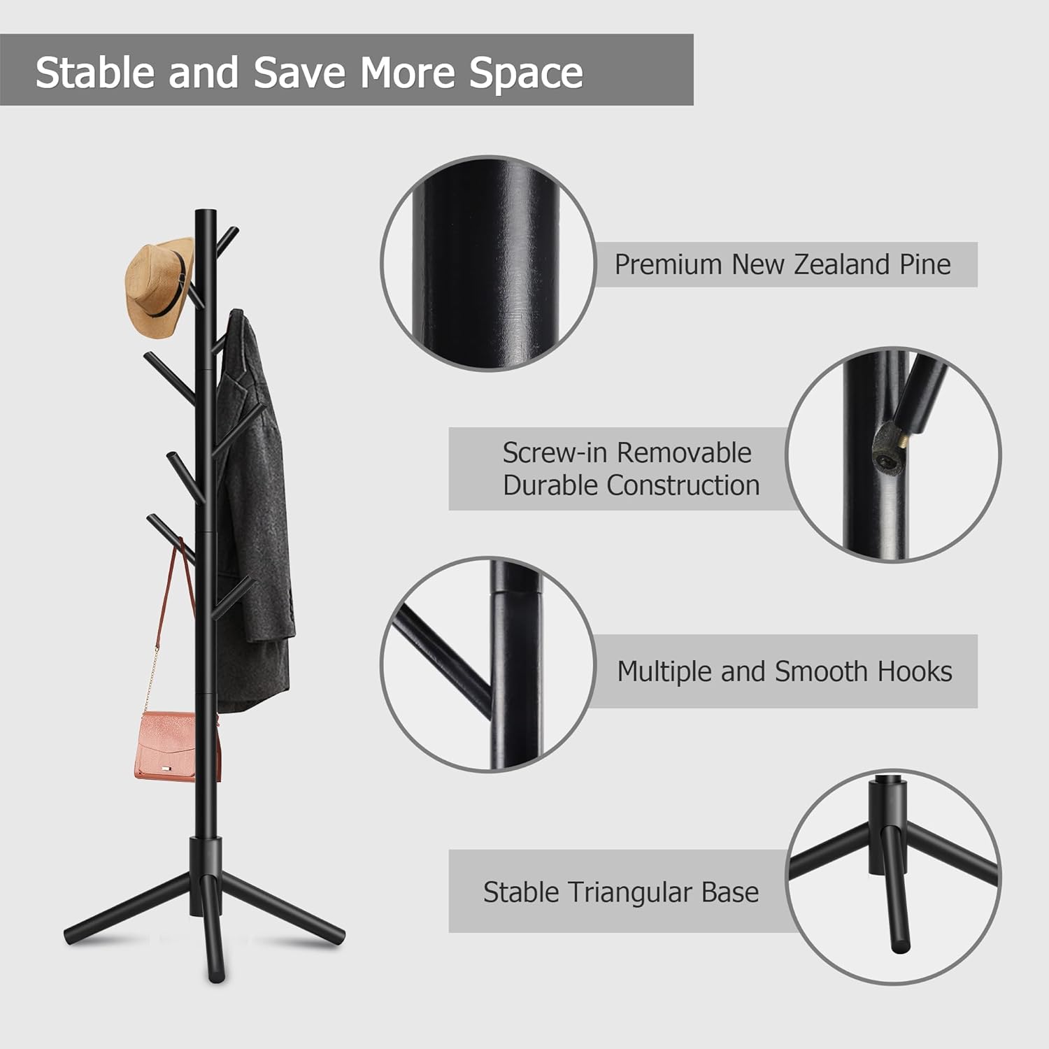 Wooden Coat Rack, Free Standing Coat Rack with 8 Hooks 3 Adjustable Heights for Clothes, Hats, Handbags, Coat Tree Easy Assembly for Entryway, Bedroom, Hallway, Office(2PCS) - Lumora Desk