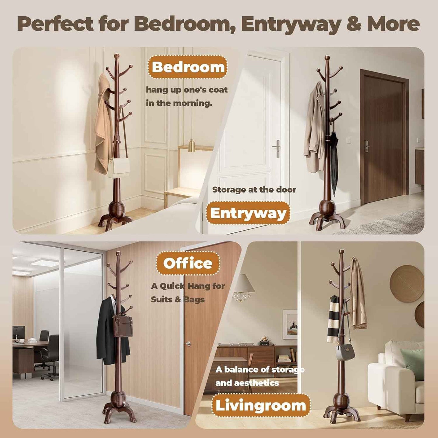 Wood Coat Rack Freestanding, Solid Wooden Hall Tree with 8 Hooks, Coat Tree Freestanding Heavy Duty with Stable Base, Entryway Hallway Bedroom Office Use, 240lbs Load Capacity H:71.6in (Black)