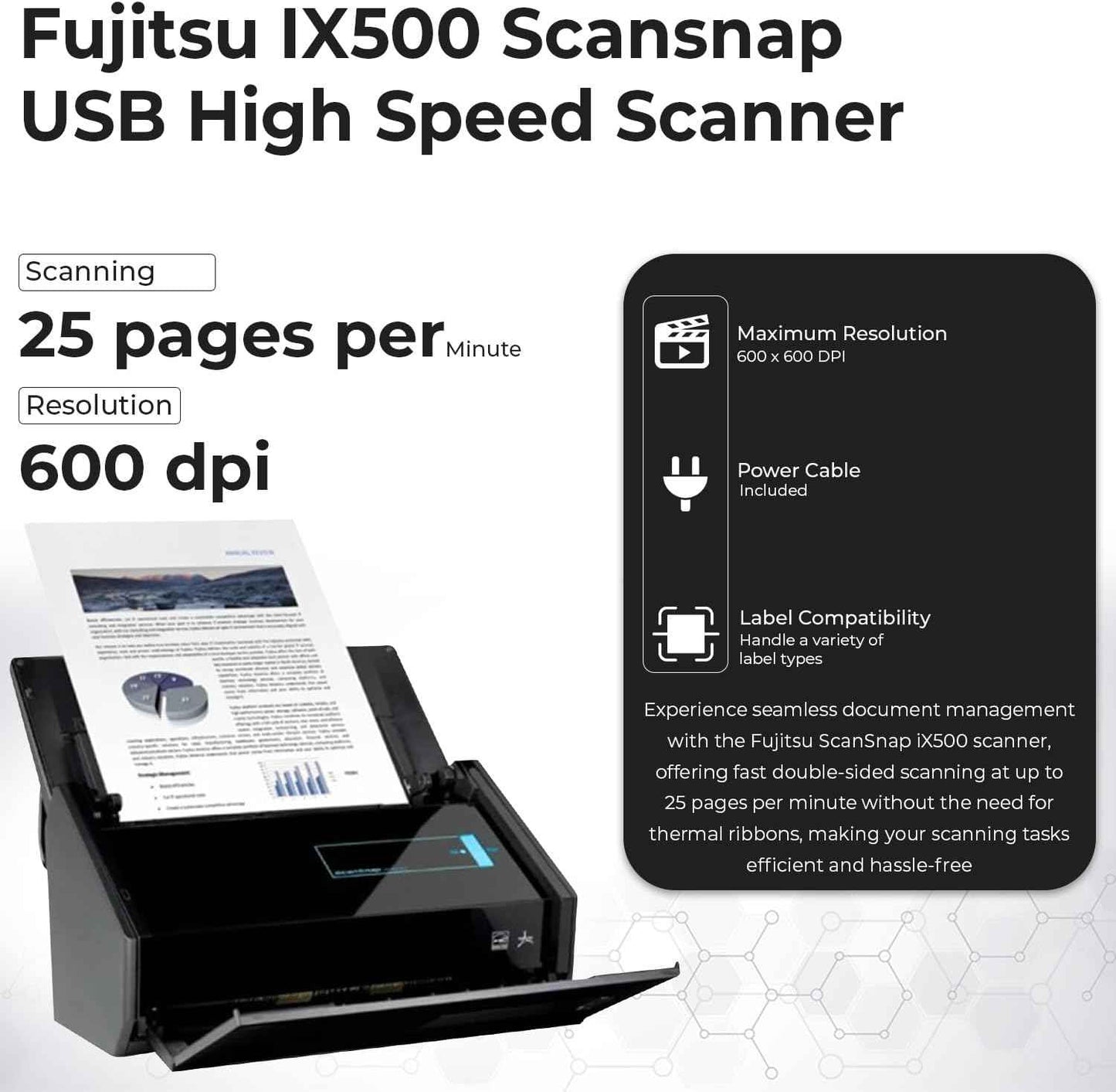 IX500 Scansnap Receipt Scanner - 1 Year Warranty, USB High Speed Cloud Enabled Document & Photo Scanner for Mac & PC - ADF with Duplex Scanning w/ 16V, USB 3.0 Cable, Cloth (Renewed)