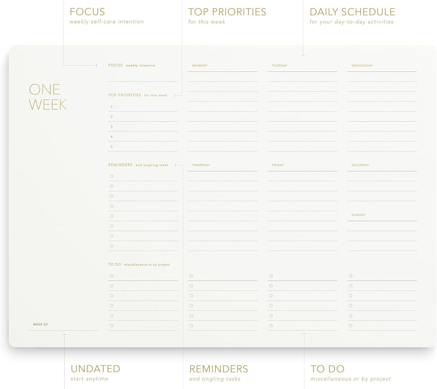 One Week - Elegant Undated Weekly Desk Planner, Gold Foiled, A4, Minimalist Weekly To Do List Notepad, Daily Schedule, Work Week Planner Pad, Eco-friendly, FSC™ Certified