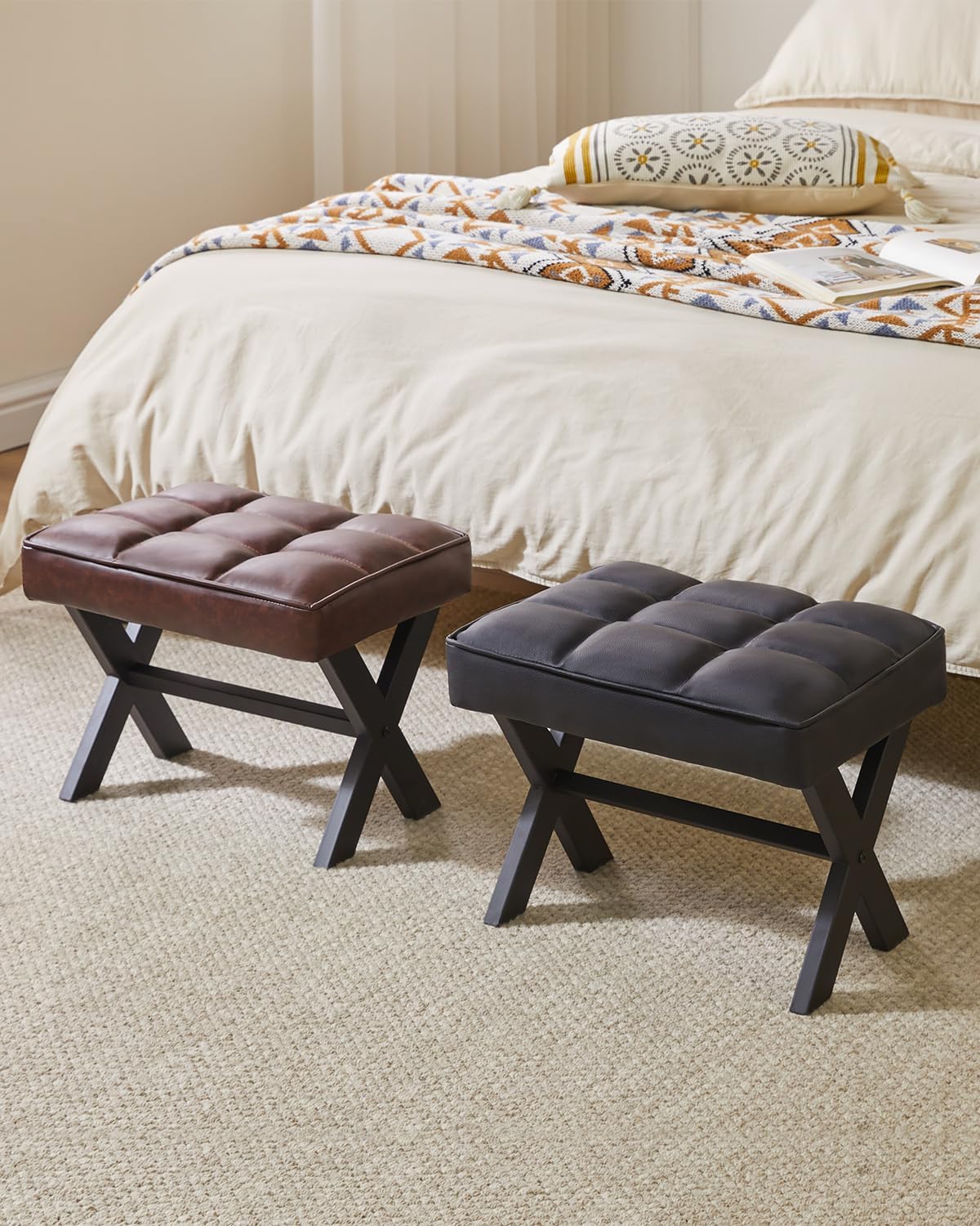 IBUYKE Small 12" H Footrest Stool, Square PU Foot Stool with Metal X-Leg, Multi-Use as Small Side Table, Step Stool for Living Room, Bedroom, Entryway, Office, Black WBD012B