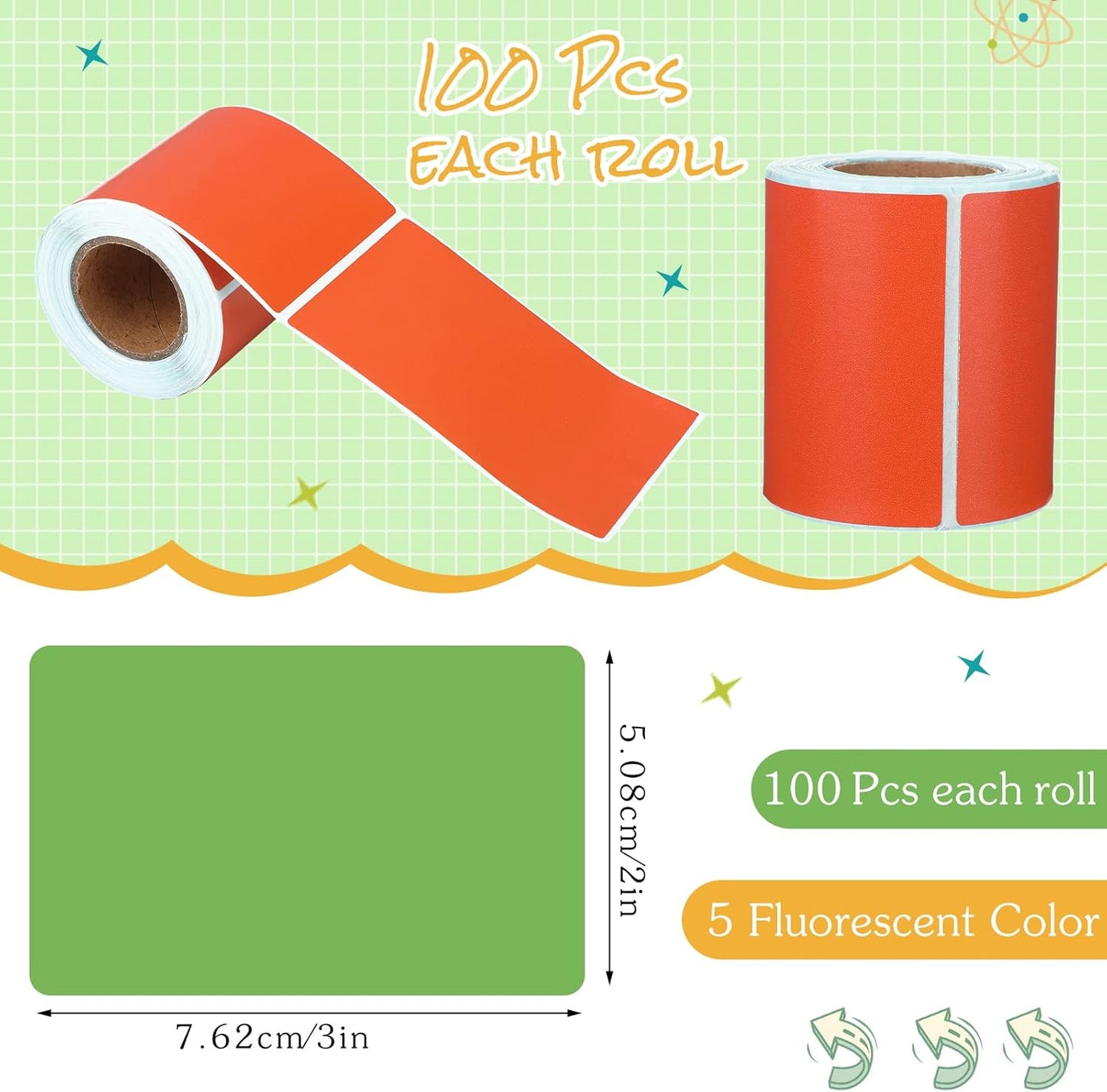 500 Pieces Rectangle Inventory Color Coding Labels 100 Per Roll Fluorescent Name Tag Stickers Thermal Printing Stickers (2 x 3 Inch,Fluorescent Color)