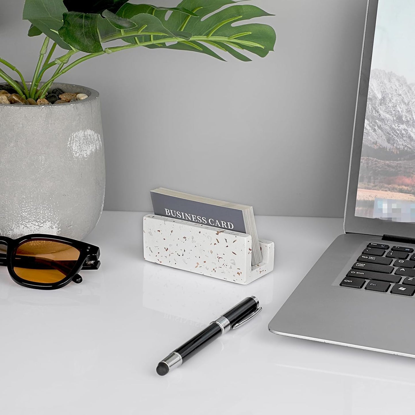 Hipiwe Business Card Holder for Desk Terrazzo Business Card Display Stand Desktop Cards Display Stand for Women Men Concrete Business Card Stand Organizer for Office
