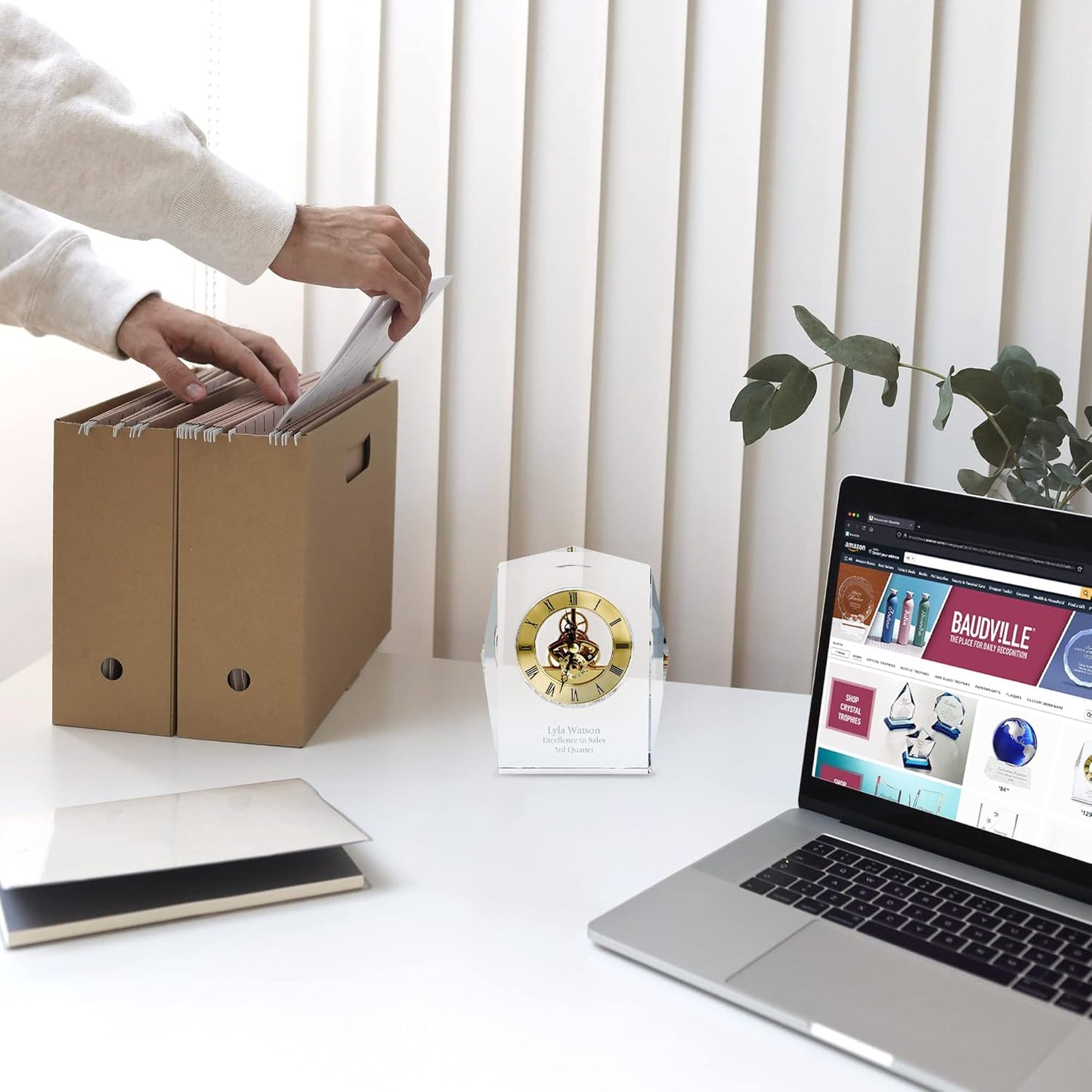 Baudville Engraved Clock Trophy - Executive Crystal - Rectangular Shaped on a Rectangular Base - Silver Inset Time Piece (Gold)