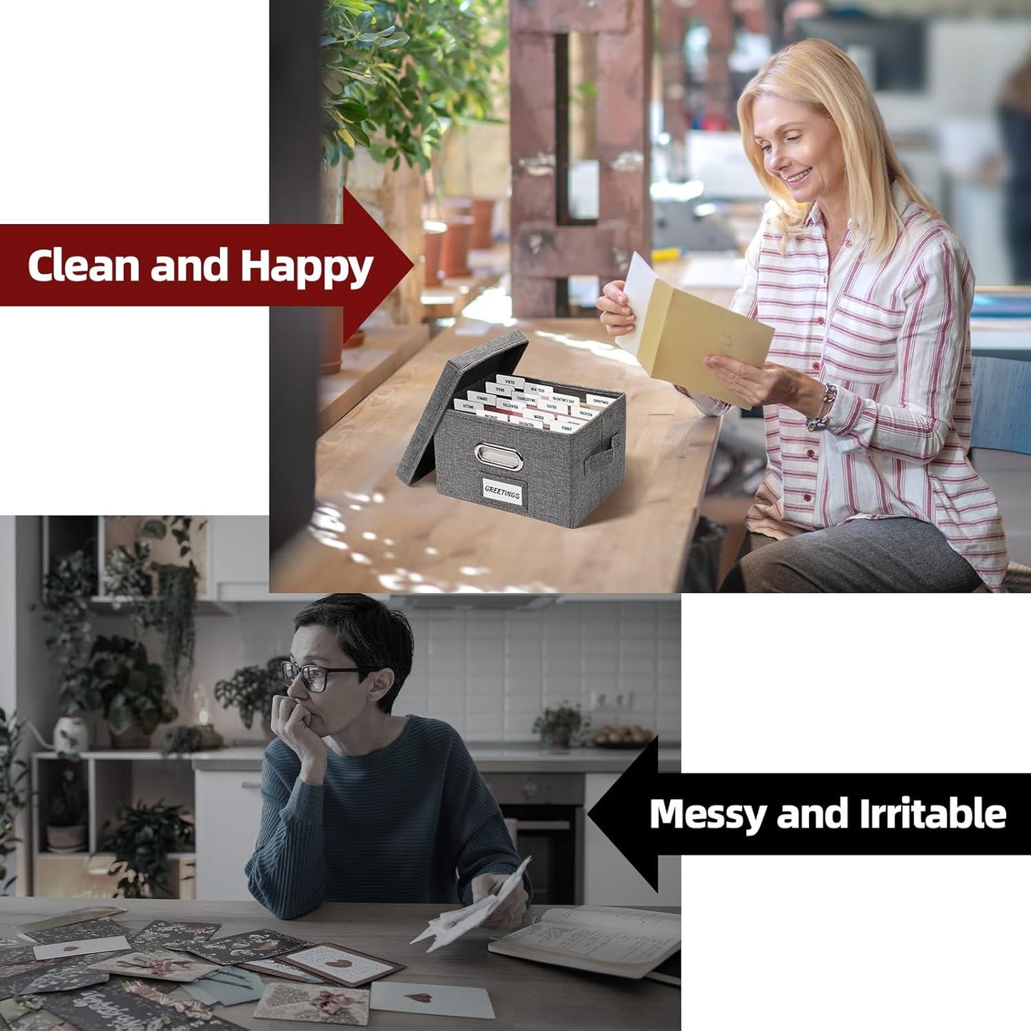 Greeting Card Storage Box, Linen Storage Box with 16 Adjustable Dividers, 84 Labels, 1 Marker Pen, Perfect for Organizing Greeting Cards, Envelopes, Photos 1 Pack Grey