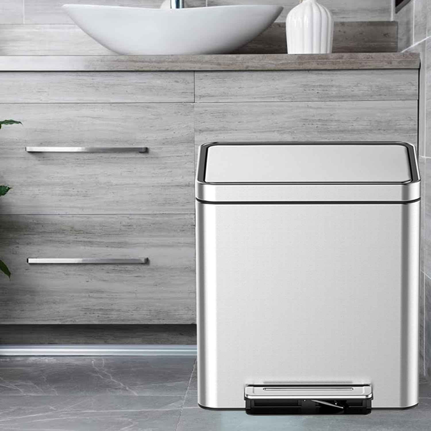 10.6 Gallon (2 x 20 L) Dual Trash Can, Stainless Steel Garbage Can with Soft-Close Lid for Kitchen, Hands-Free Recycle Bin with 2 Compartment Removable Inner Bucket for Home, Office