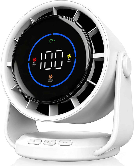 YOSHENMO Desk Fan, Turbo Table Fan for Bedroom, 100-Speed Digital Display, Low Noise, 105° Adjustable Tilt, 7.5-inch, Rechargeable Battery, Wall-Mouted Design for Home, Office, Travel Dark White