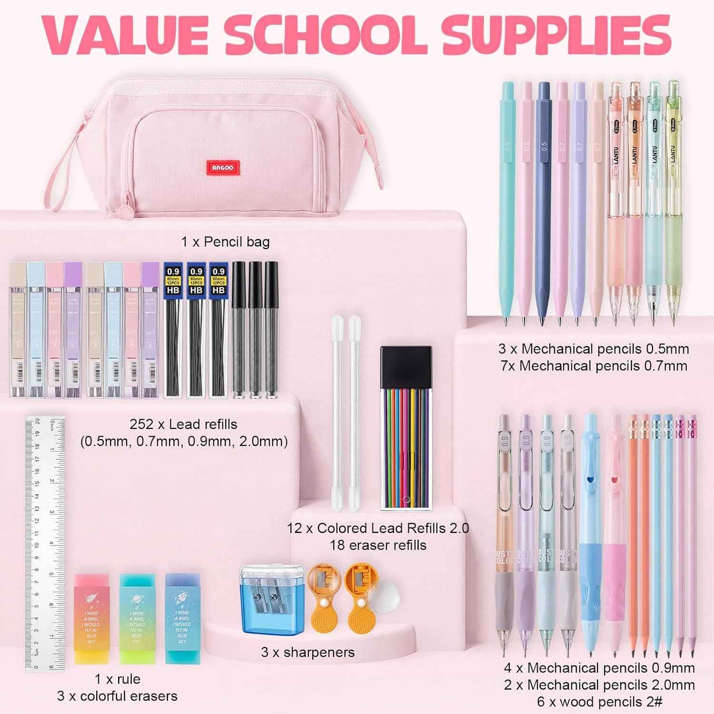 Eersida 47 Pcs Aesthetic School Supplies with Cute Pen Case, Mechanical Pencils 0.5mm, 0.7mm, 0.9mm & 2.0mm with Leads and Eraser Refills, Wood Pencils #2, for Writing, Drawing & Drafting (Pink)