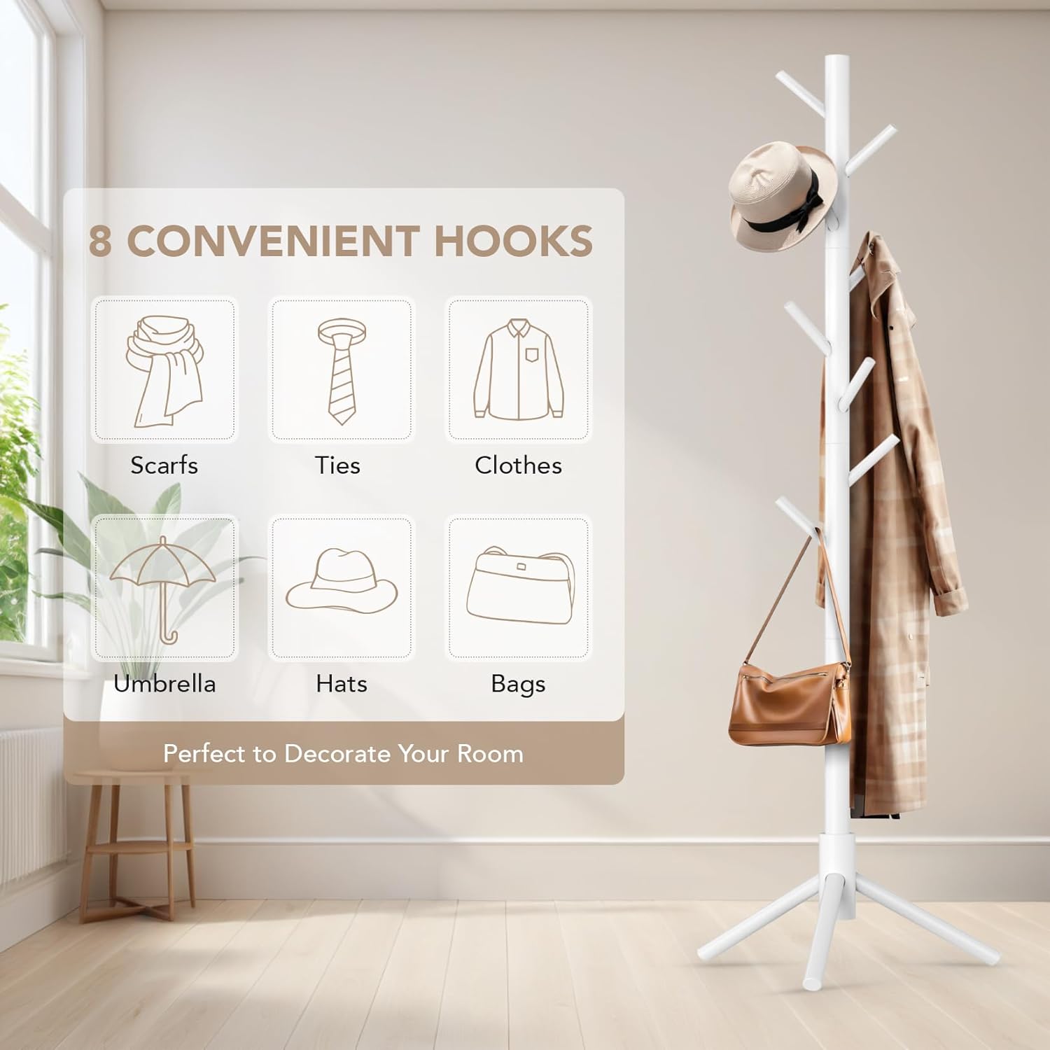 Wooden Tree Coat Rack Stand,Sturdy Freestanding Coat Rack with 8 Hooks,3 Adjustable Height for Child Adult,Wood Coat Stand Tree Fits Entryway Bedroom Office for Bags,Hats - Lumora Desk