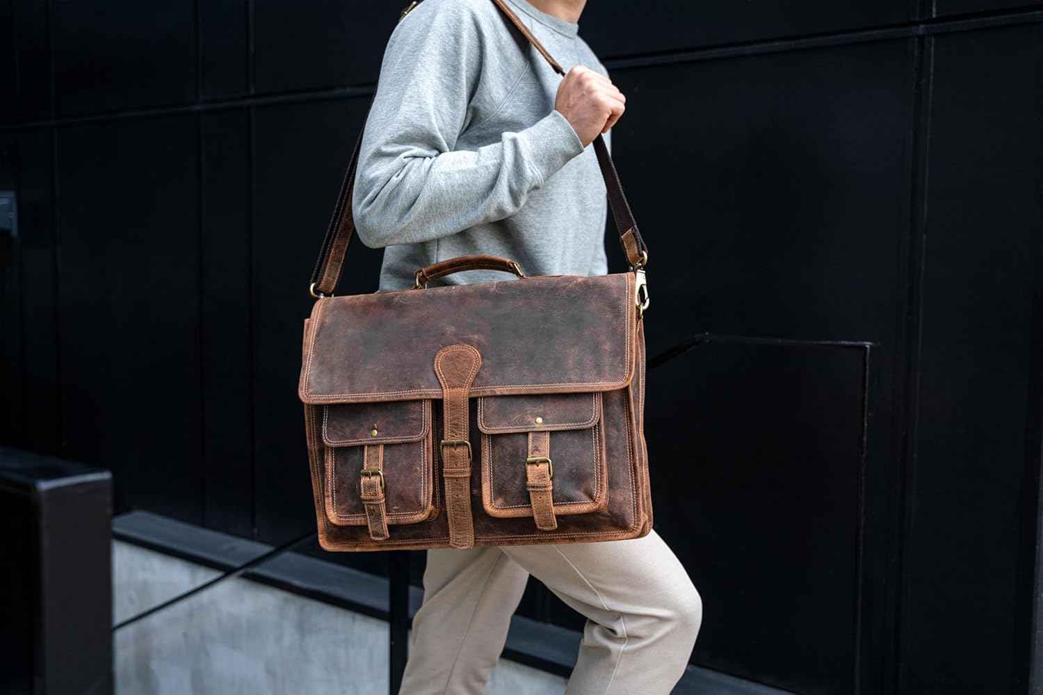 Leather briefcase 18 inch laptop messenger bag for men and women best satchel office bag