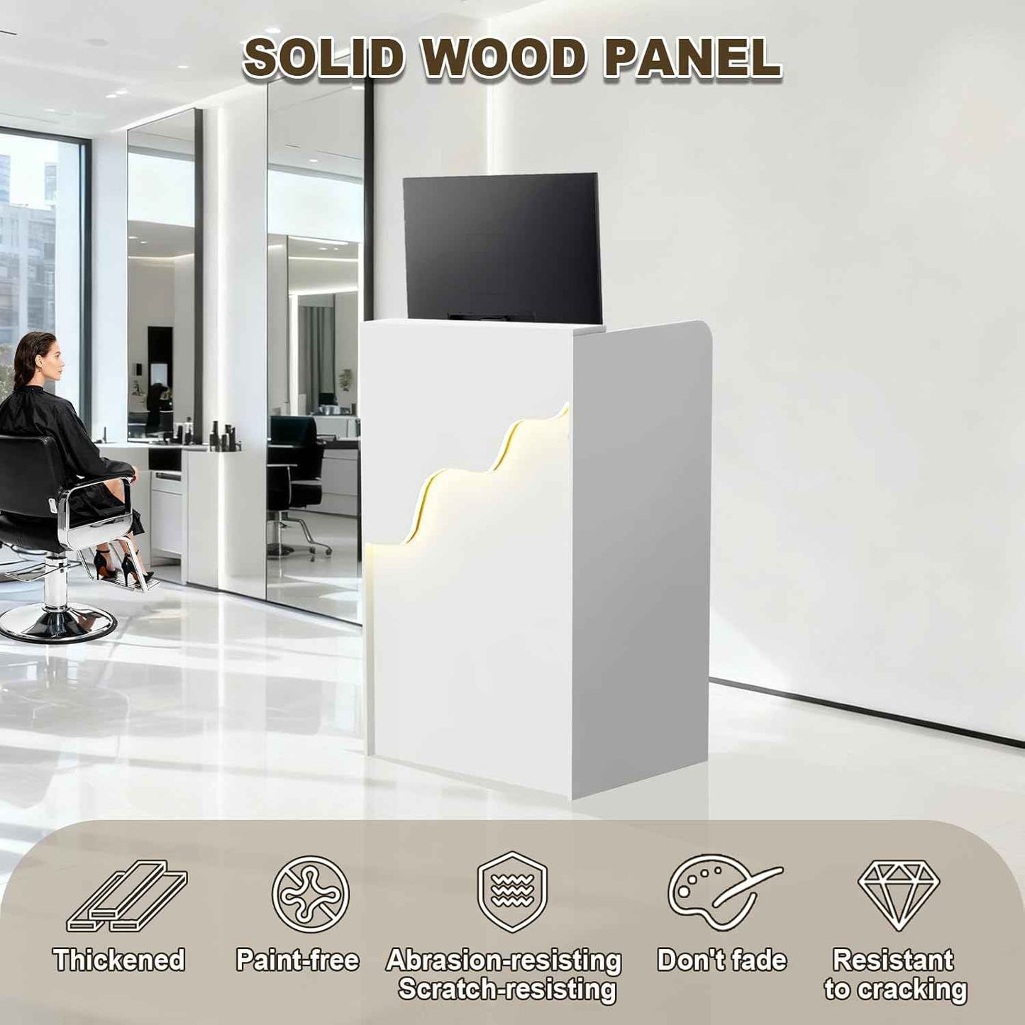 Reception Desk with Counter, Small Modern Front Desk with LED Light and Lockable Drawer, White Reception Table Retail Checkout for Counter for Lobby, Beauty Salon (37.8"L x 23.6"W x 15.7"H)