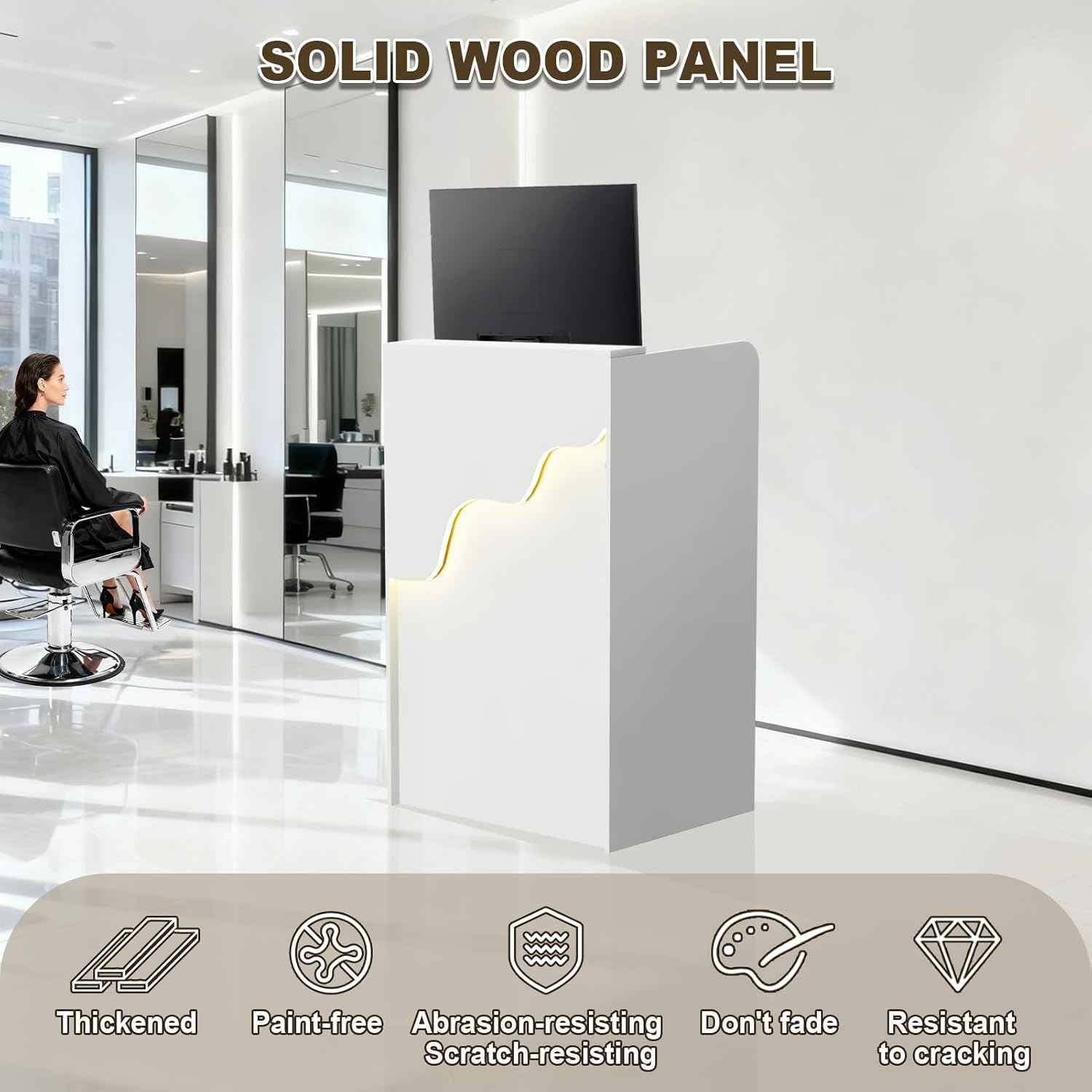 Reception Desk with Counter, Small Modern Front Desk with LED Light and Lockable Drawer, White Reception Table Retail Checkout for Counter for Lobby, Beauty Salon (37.8"L x 23.6"W x 15.7"H)