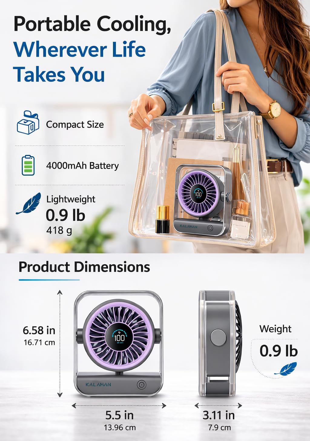 KALAMAN Desk Fan, 4000mAh Quiet Table Fan with Turbo Airflow, 6-Gear Speed Digital Display & 30° Adjustable Tilt, Rechargeable Battery Portable Fan for Home, Office, Travel (Grey/Purple)