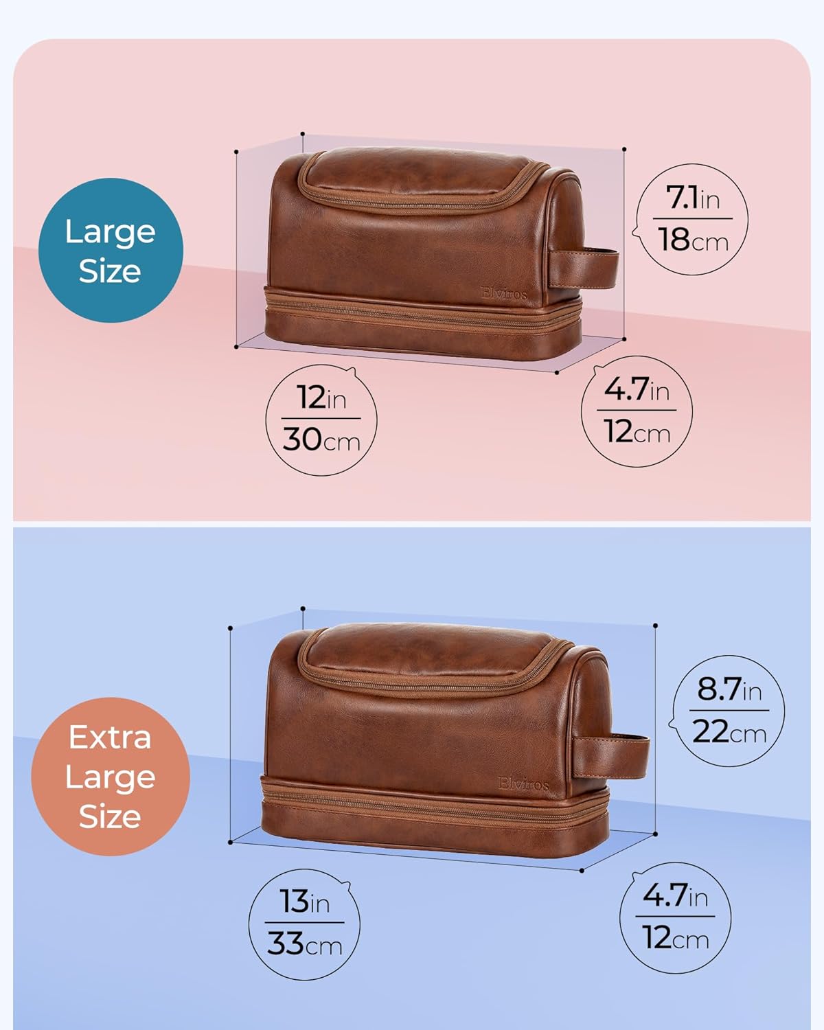 Elviros Toiletry Bag for Mens PU Leather Travel Organizer Kit with Hanging hook, Large Water-resistant Toiletries Bathroom Shaving Bags, Gift For Men (Brown)