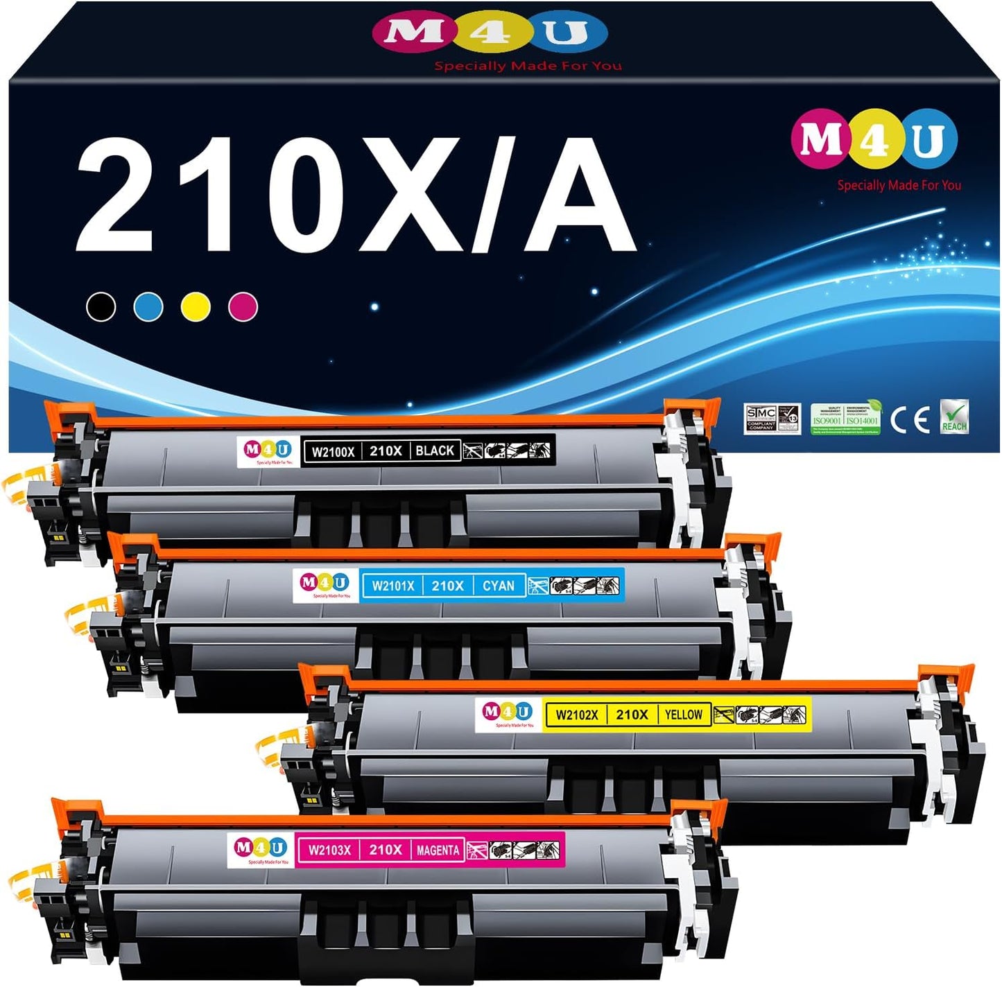 210X 210A Toner Cartridges Set High Yield 4 Pack Replacement for 210X W2100X W2100A Toner Cartridge, Fitting for Color Pro MFP 4301fdw 4301dn 4301dw, Pro 4201dw 4201dn(Black Cyan Yellow Magenta)
