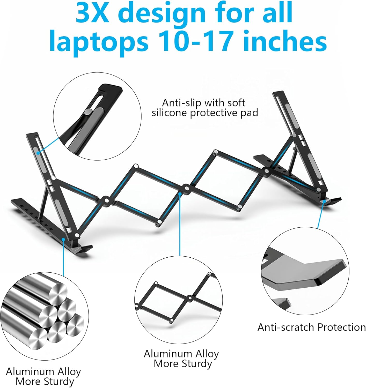 Laptop Stand for Desk, Adjustable 7-Level Aluminum Riser, Ergonomic Notebook Holder, Portable Foldable Laptop Stands Travel for 10-17” Laptops, MacBook, Notebook (Black)
