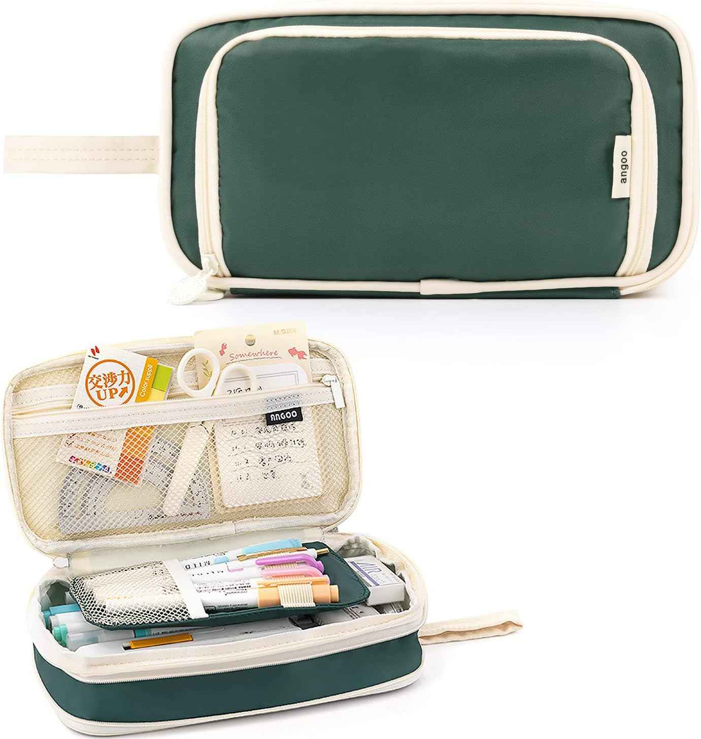 Large Capacity Pencil Case 4 Compartment Bag Organizer, Expandable Pen Bag, Portable Stationery Bag with Handle for Office Middle High College School (Green)