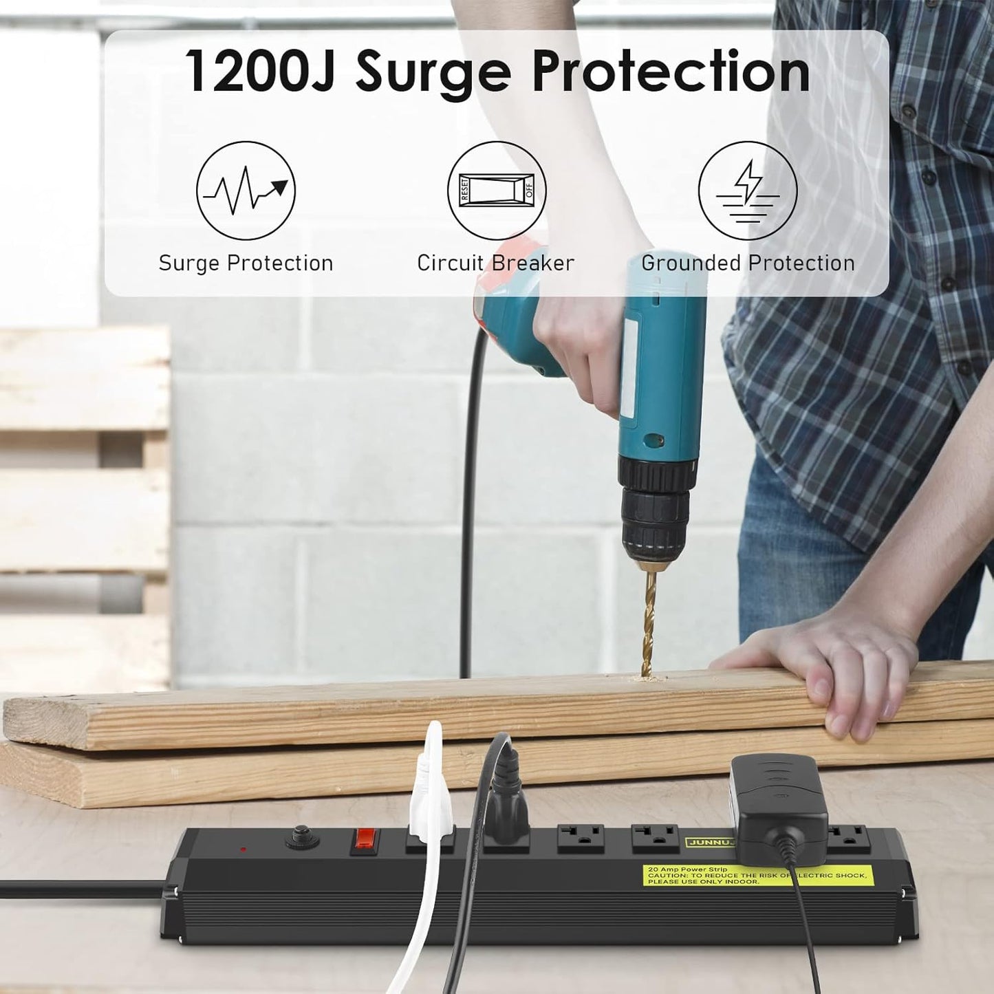 JUNNUJ Heavy Duty Metal Power Strip 20 Amp, High Amp Surge Protector 6 Outlet, 20A Power Strips Workshop Industrial Outlets Wide Spaced 6-20R T-Slot with Circuit Breaker, 12 Gauge Extension Cord 15ft