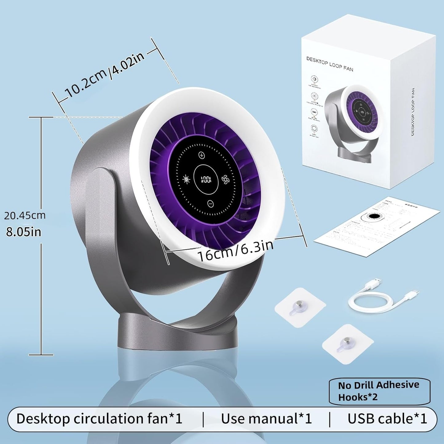 USB Rechargeable Desk Fan – Ultra Quiet <35dB, LED Touch Control, 100 Speed Levels, 360° Adjustable, Wall Mount or Table Use, Timer & Night Light, for Bedroom, Office, Travel
