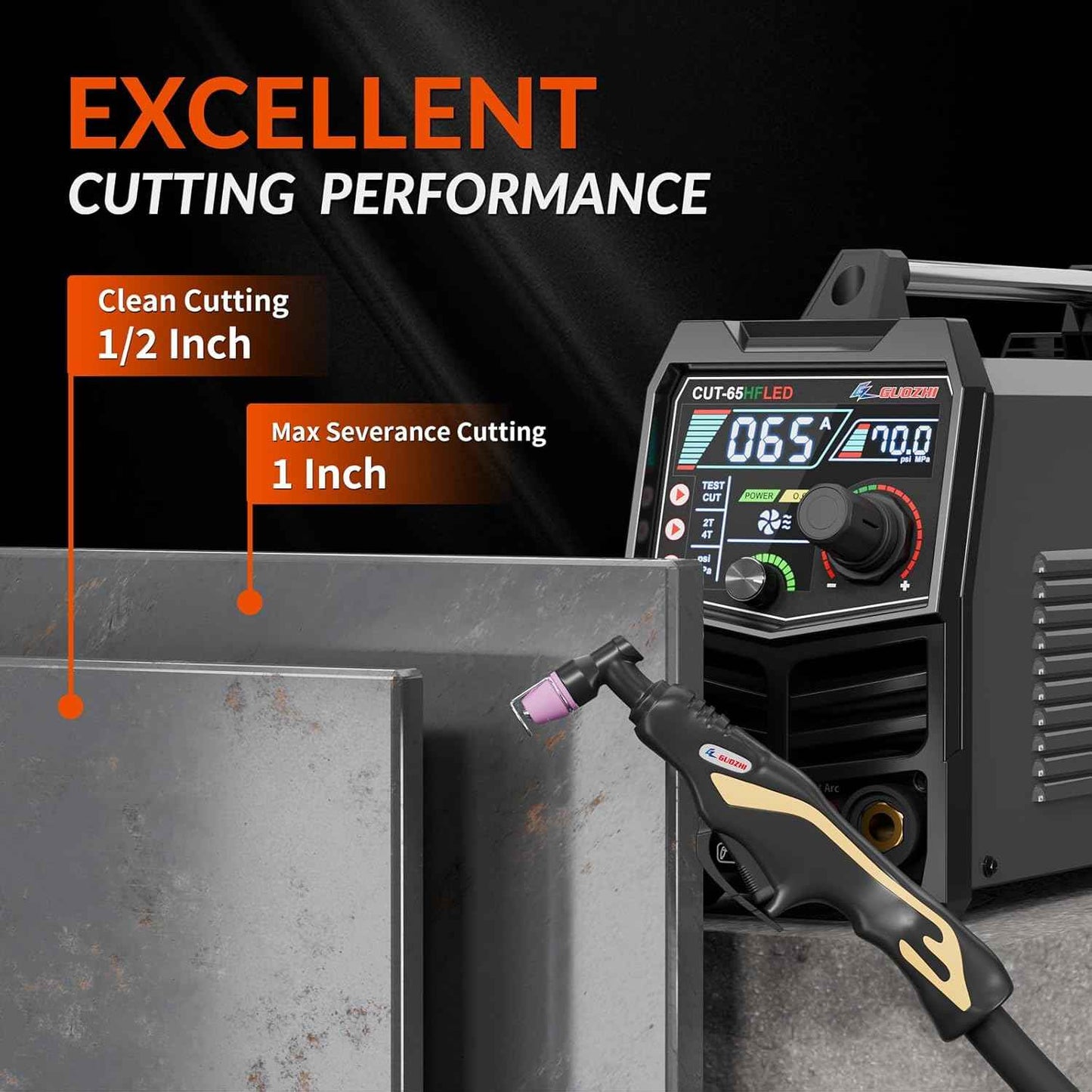 GZ GUOZHI Plasma Cutter 65Amp High Frequency Non-Touch Arc Digital Screen Display DC Inverter 110/220V Dual Voltage Blowback Plasma Cutting Machine CUT-65HFLED