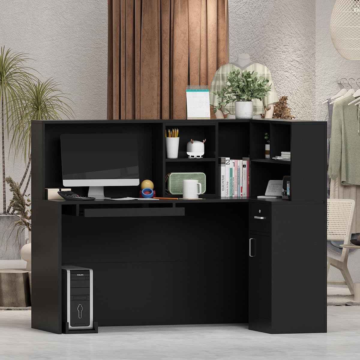 Modern Reception Desk Counter Table, L-Shap Reception Room Front Desk with Lockable Drawer & Open Shelves, Retail Counter for Salon Checkout Office, Black (55.9" W x 32.3" D x 48.4" H)