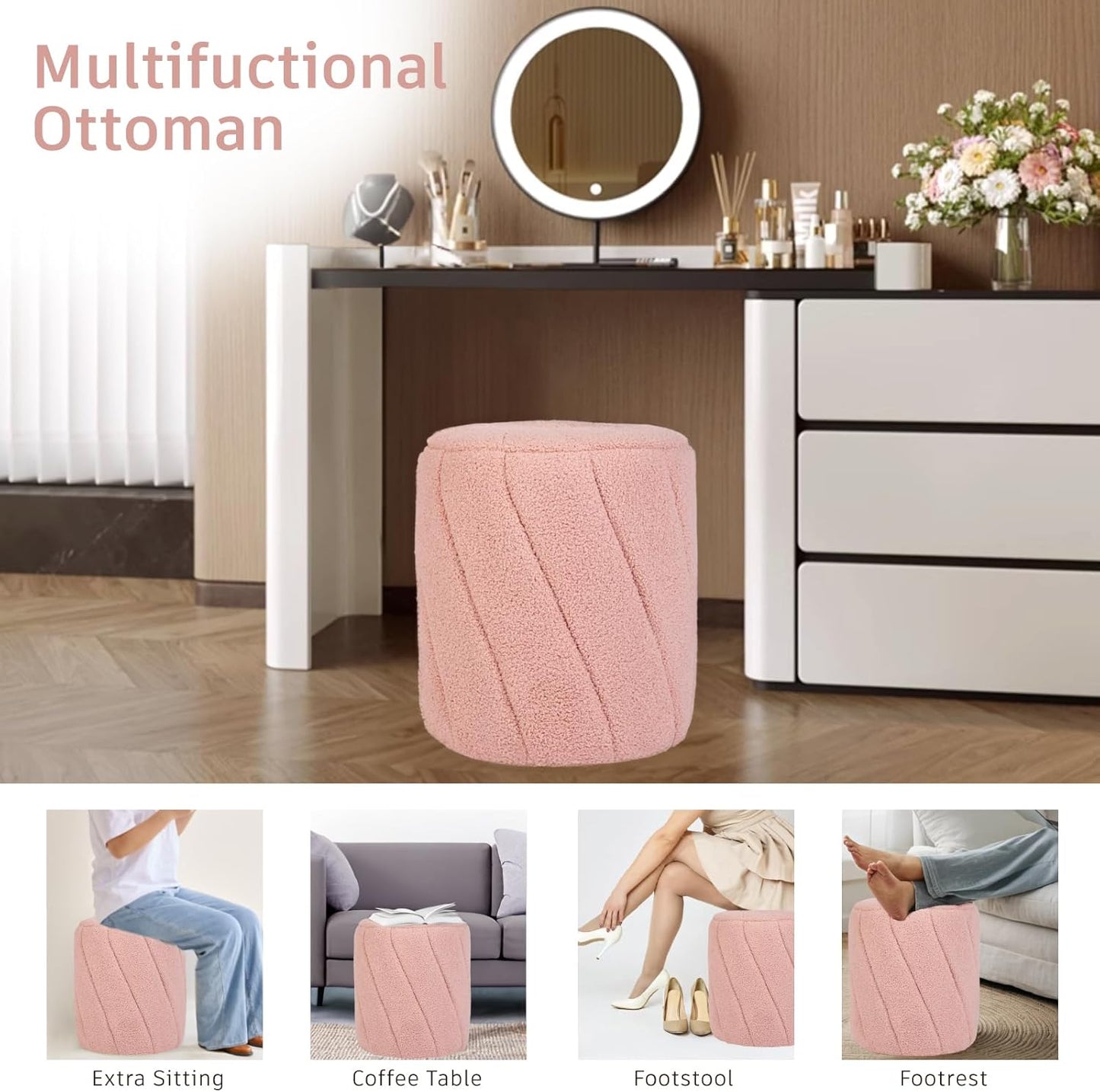Modern Round Ottoman, Spiral-Tufted Foot Stool Ottoman, Teddy Fleece Upholstered Vanity Stool for Makeup, Bedroom, Living Room, Pink