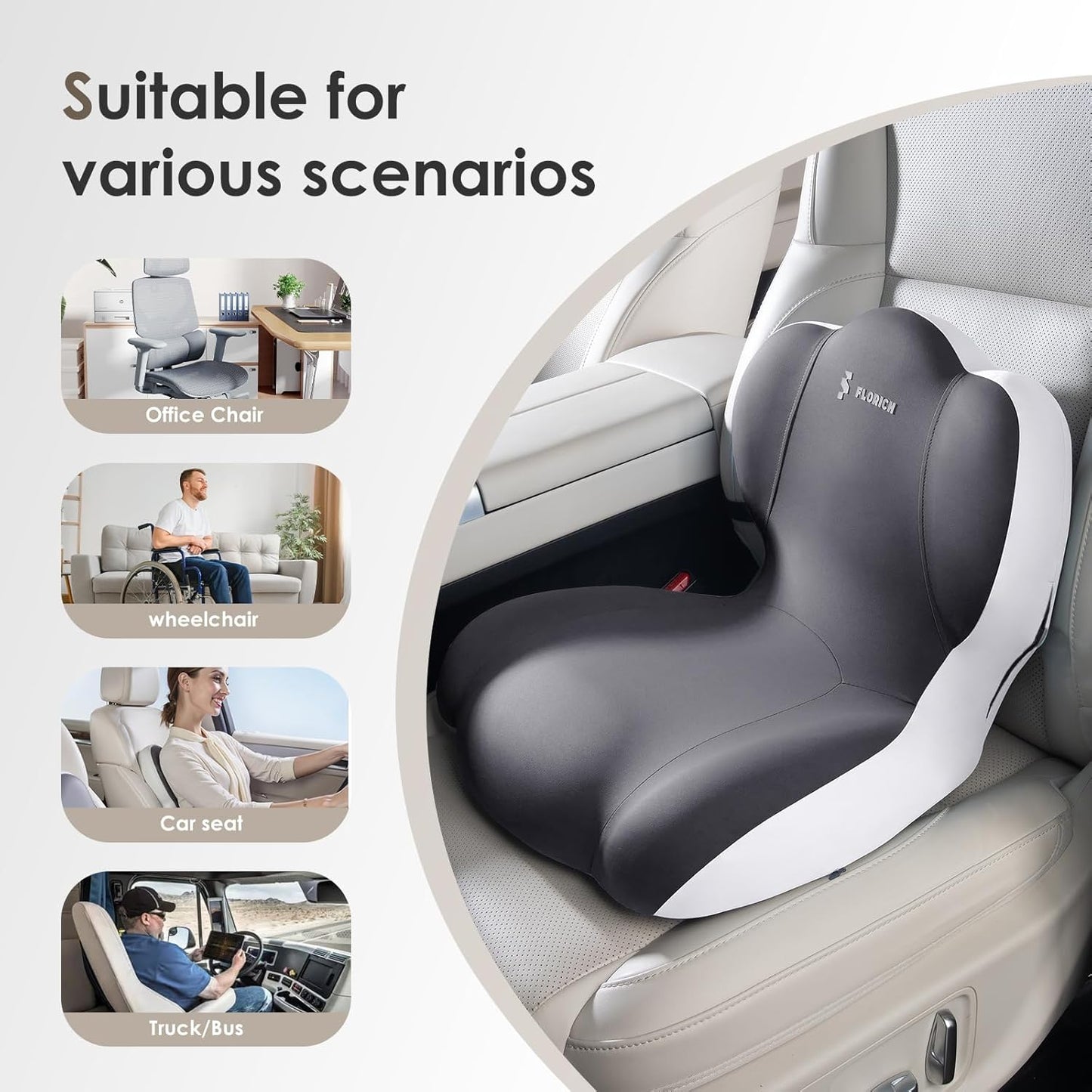 FLORICH Memory Foam Truck Seat Cushion,Car Seat Cushion and Lumbar Support Pillow for Office Chair, Ergonomic Back Support & Sciatica Relief for Long Drives(Beige Grey)