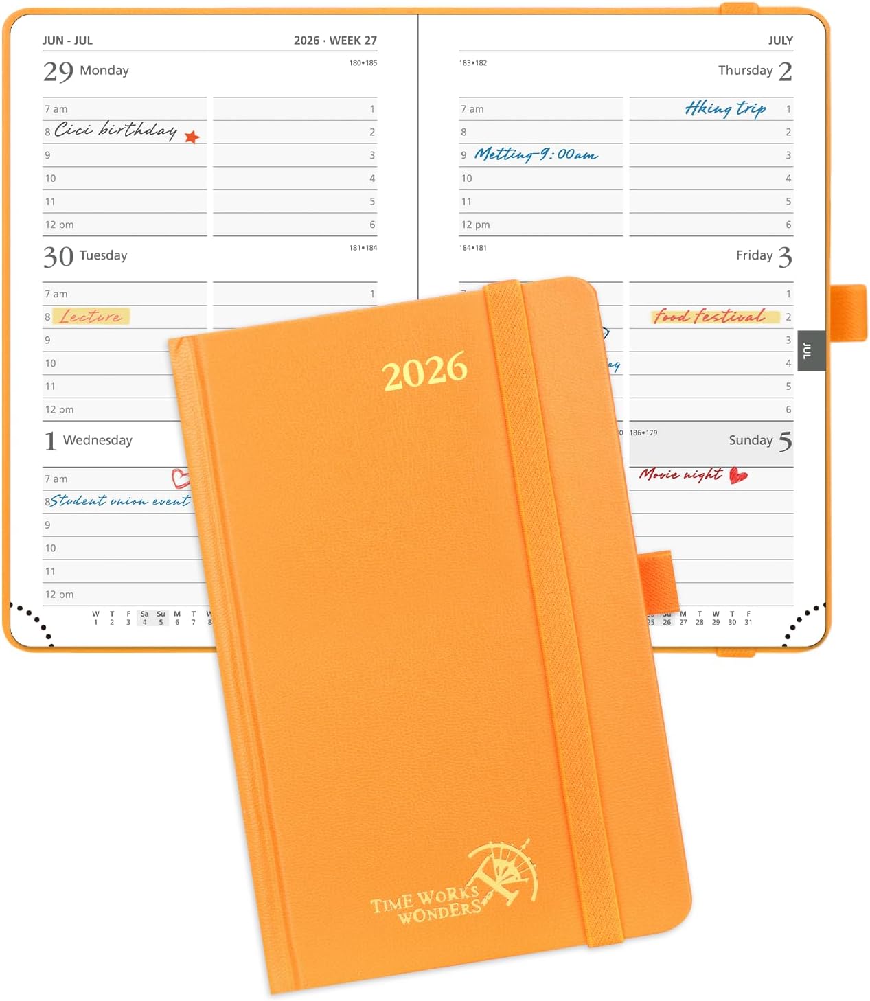 POPRUN 2026 Planner (Pocket Size 4''x 6.25'' Hardcover) - Small Calendar for Purse with Hourly Schedule & Vertical Weekly Layout, Monthly Calendars, 100 GSM - Orange