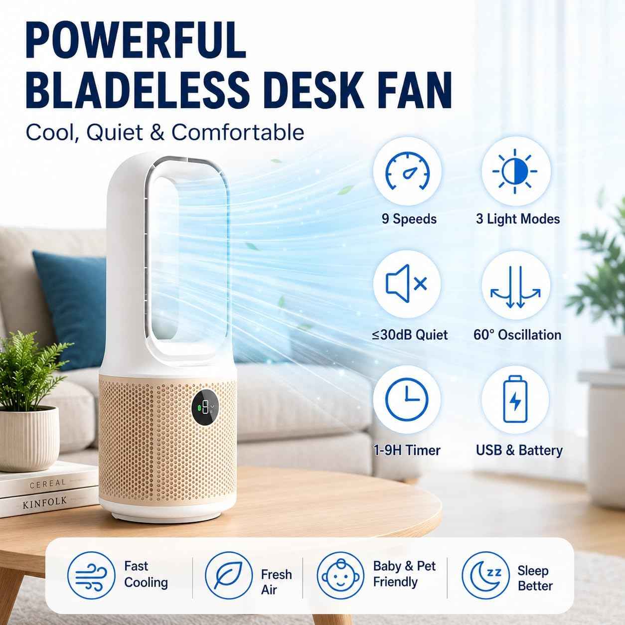 14 Inch Bladeless Desk Fan, USB Rechargeable Personal Cooling_Fan. Small Ultra Quiet, 9 Wind Speeds. 3 LED Night Light. 60°Oscillation. 1-9H Timer Child & Pet Safe for Home Office BedroomDesktop