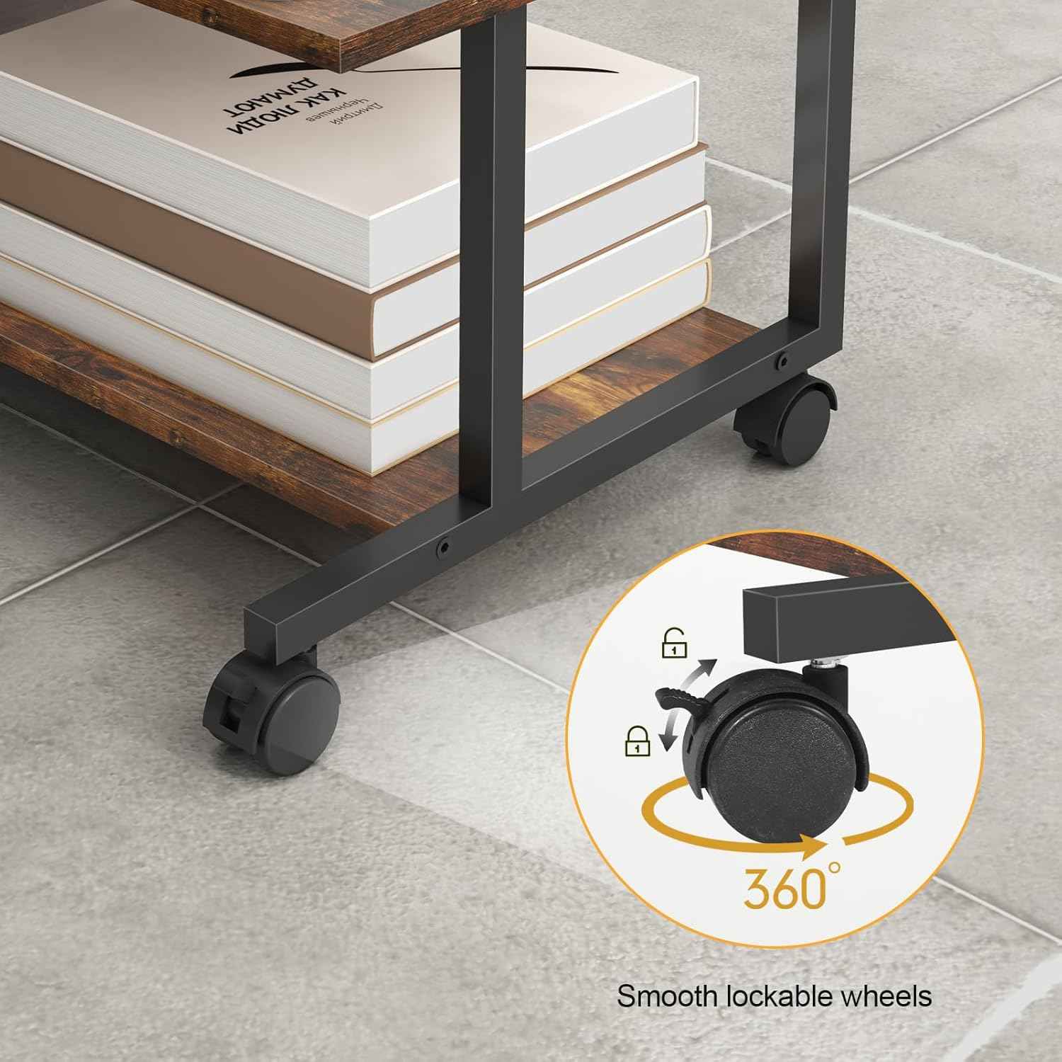Livofloral Under Desk Printer Stand with Storage Shelf, 2-Tier Industrial Mobile Printer Table for Home and Office, Printer Stand with Wheels,Rustic Brown