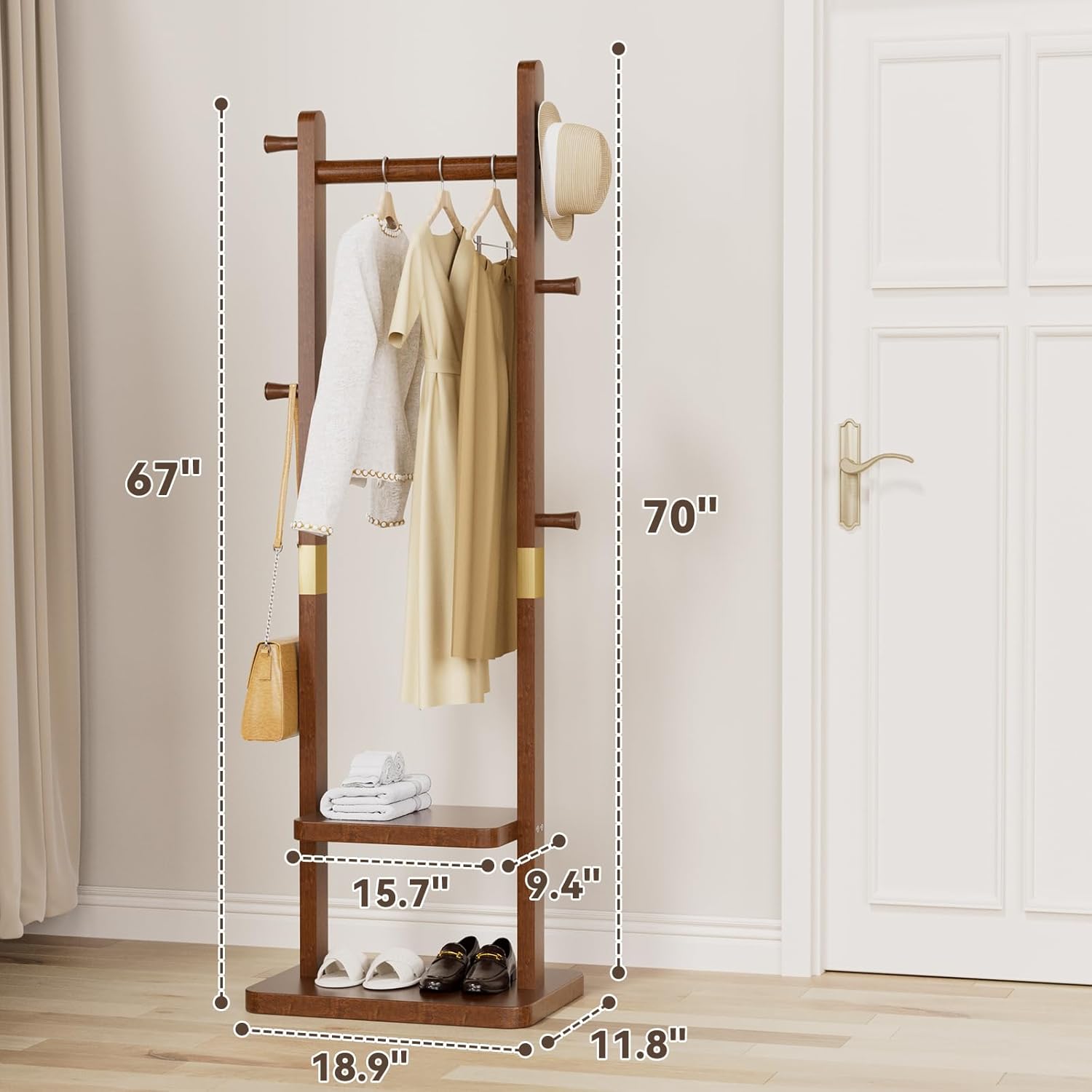 Solid Wood Coat Rack, Coat Rack Freestanding with 2 Shelves and 5 Hooks, Heavy Duty Coat Tree for Entryway，Living room，Coat Hanger Stand for Hats, Bags (Walnut Brown) - Lumora Desk