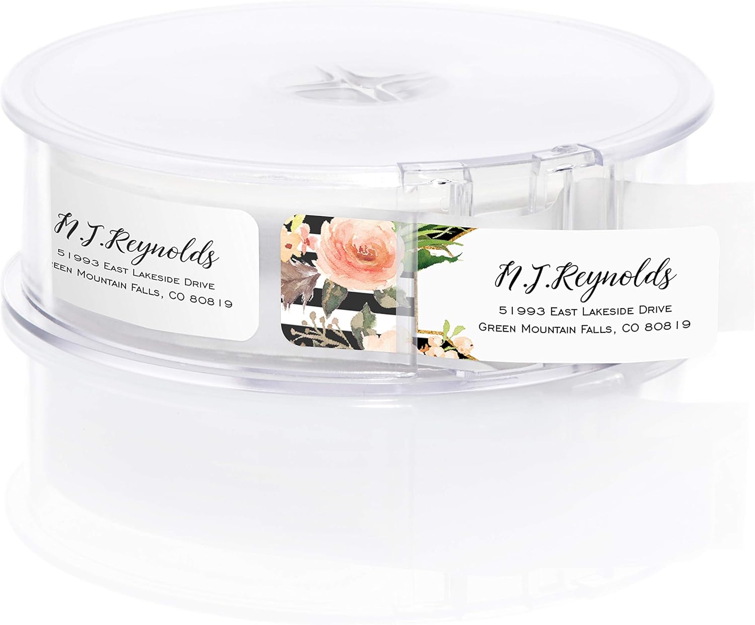 Black and White Stripe Floral Rolled Address Labels/Roll of 500 Personalized Return Address Labels/Designer Return Address Stickers in Elegant Plastic Dispenser - Lumora Desk