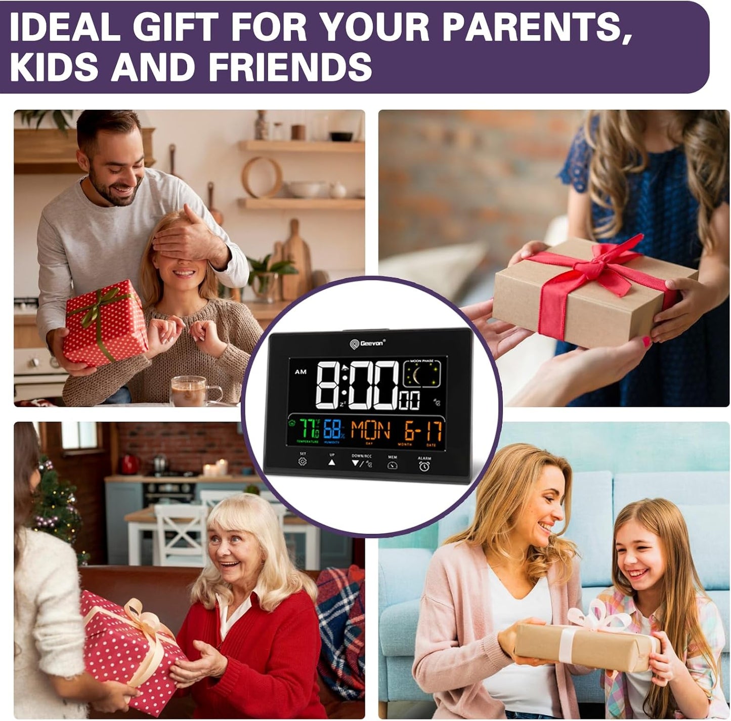 Geevon Digital Atomic Alarm Clocks for Bedrooms with 2 USB Ports, Color VA Display Atomic Clock with Indoor Temperature and Humidity, DST, Calendar, and Moon Phases for Seniors Elderly