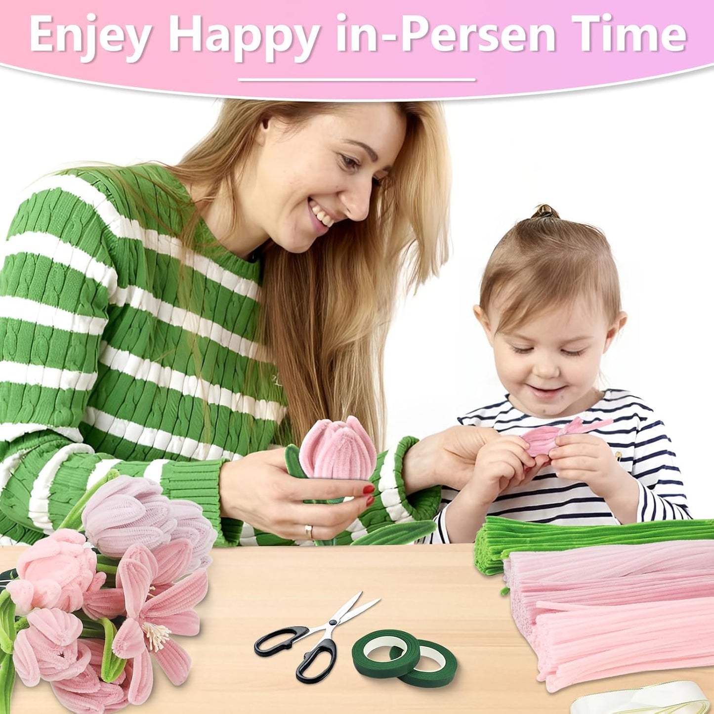 400 Pcs Pipe Cleaners Craft,4 Assorted Colors Pipe Cleaners Bulk, Chenille Stems for DIY Flower Making Kit with Floral Wires, Gardening Tape,Stamen& Ribbon (Pink)