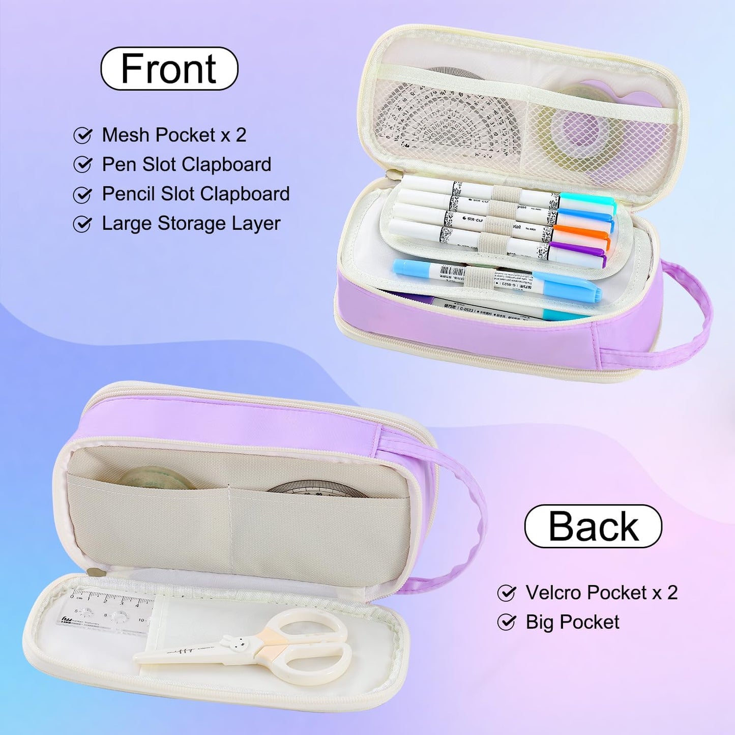 Pencil Case Large Zipper Pencil Pouch for Girls Kids Teens Adults Aesthetic Pencil Bag Stationery Organizer Pen Pencil Case with Handle for School Purple