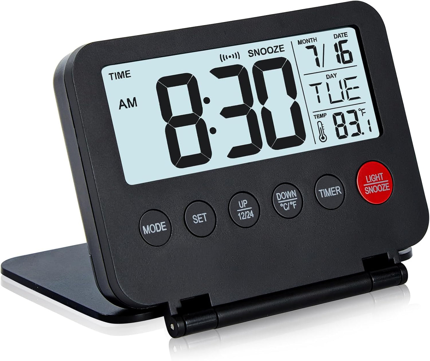 Small Digital Travel Alarm Clock, Large LCD Display Front Button with Date & Temperature, Snooze and 8 Seconds Backlight AAA Battery Operated Desk Clock for Home & Office, Black