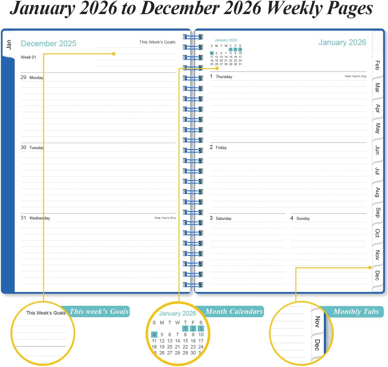 2026 Planner - Planner 2026 from January 2026 - December 2026, Weekly & Monthly Planner Spiral Bound with 12 Monthly Tabs, Inner Pocket, 6.4" x 8.5", Blue-E