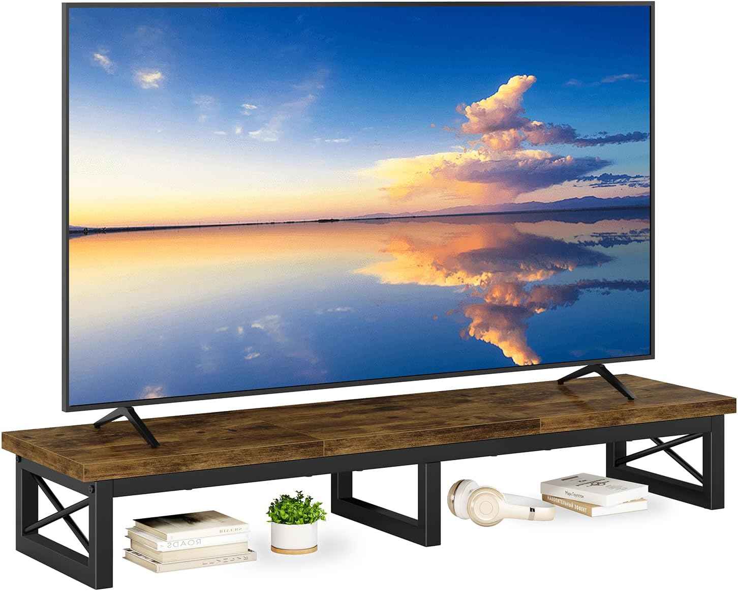 IBUYKE 45" Large TV Riser for 32-60 inch TV,Tabletop Short TV Stand with Storage and Steel Legs,Dual Screen Office Desk,Stand Riser,TV Riser Stand for Home,Bedroom,Living Room,Rustic Brown TVT002H