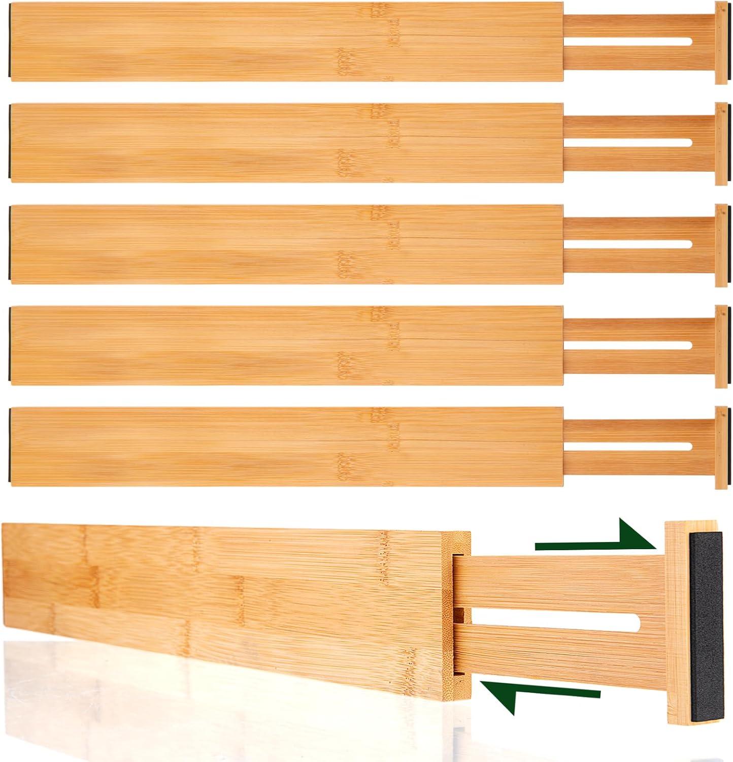 CMOOD 6 PCS Bamboo Drawer Dividers, Kitchen Drawer Dividers, 17"-22" Expandable Adjustable Bamboo Drawer Dividers Organizers for Kitchen, Clothes, Dresser, Bedroom, Home, Office, Spring Loaded