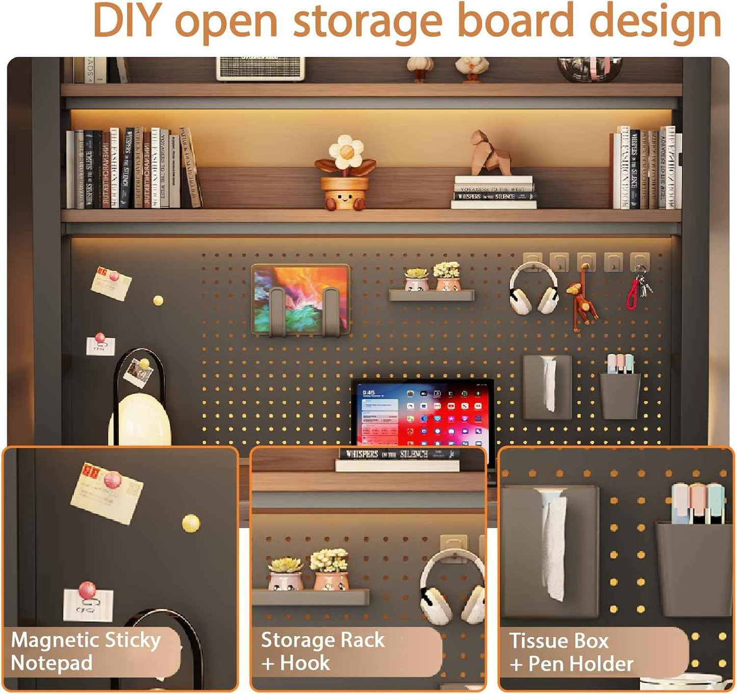 Desk Shelf Organizer for Top of Desk – Desktop Bookshelf with Pegboard & Storage Accessories, Adjustable Hutch for Dorm or Office, Steel Frame Display S Black frame + dark brown board 29.5*9.8*36.6in