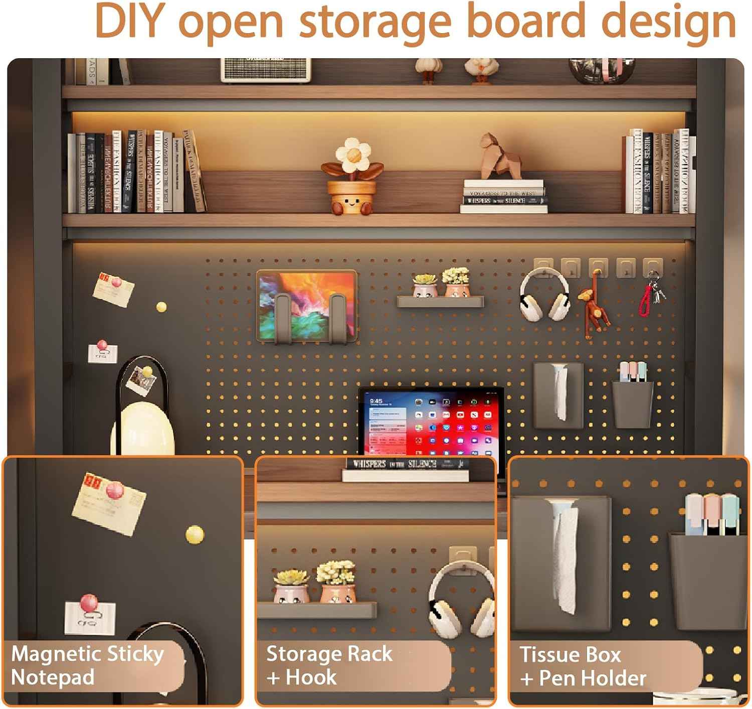 Desk Shelf Organizer for Top of Desk – Desktop Bookshelf with Pegboard & Storage Accessories, Adjustable Hutch for Dorm or Office, Steel Frame Display S Black frame + dark brown board 29.5*9.8*36.6in