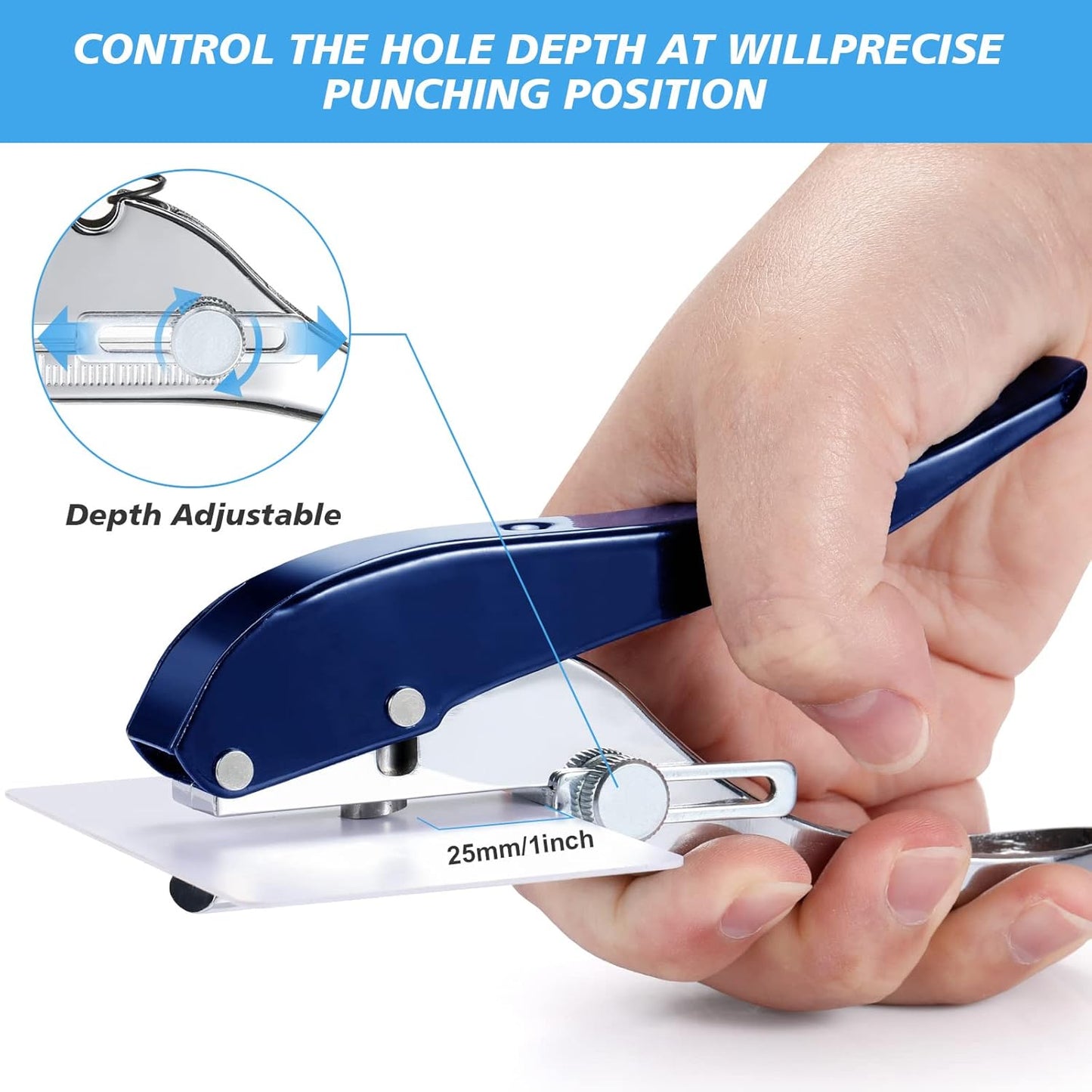 Heavy Duty Single Hole Punch - Portable Hand Held Paper Punch for Tags, Cards, Plastic & Cardboard (8MM Blue)