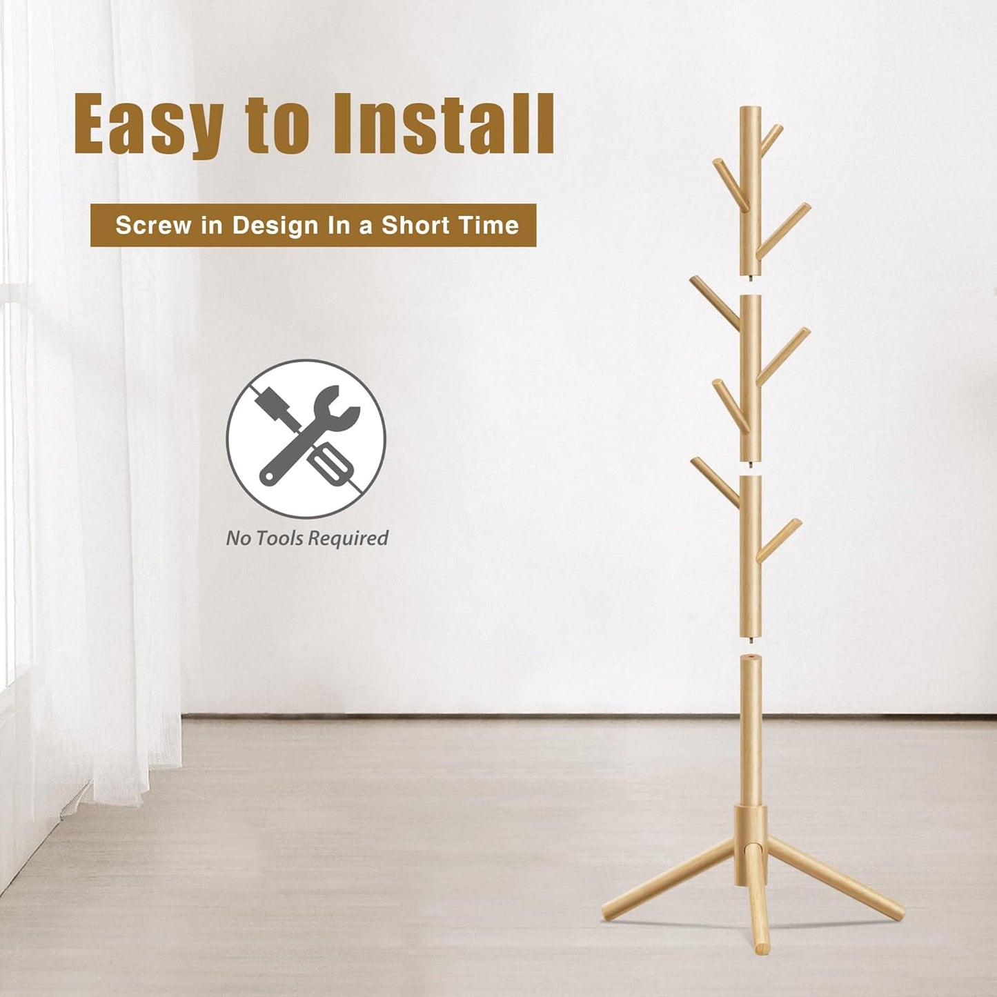 Wooden Coat Rack, Free Standing Coat Rack with 8 Hooks 3 Adjustable Heights for Clothes, Hats, Handbags, Coat Tree Easy Assembly for Entryway, Bedroom, Hallway, Office(2PCS) - Lumora Desk