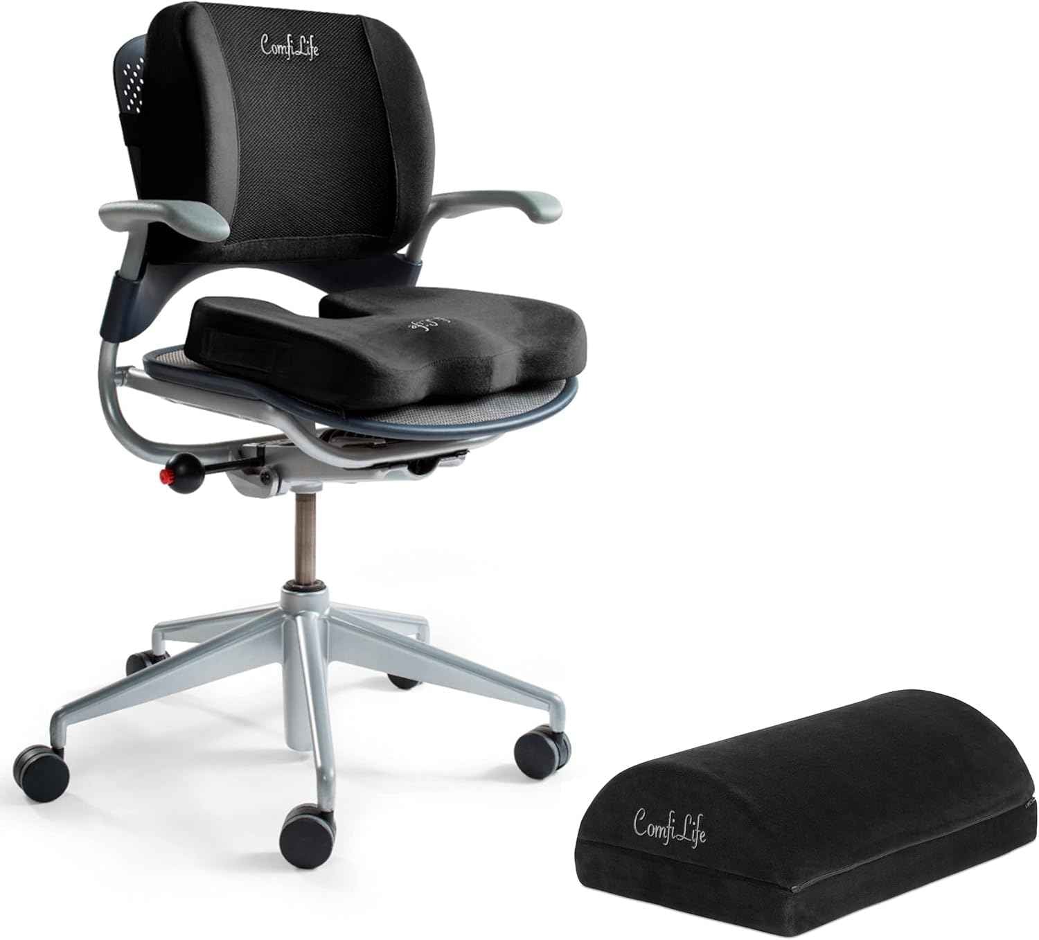 ComfiLife Seat Cushion, Foot Rest & Lumbar Support Bundle – Ultimate Ergonomic Office Chair Comfort – Sciatica & Back Pain Relief (Black)