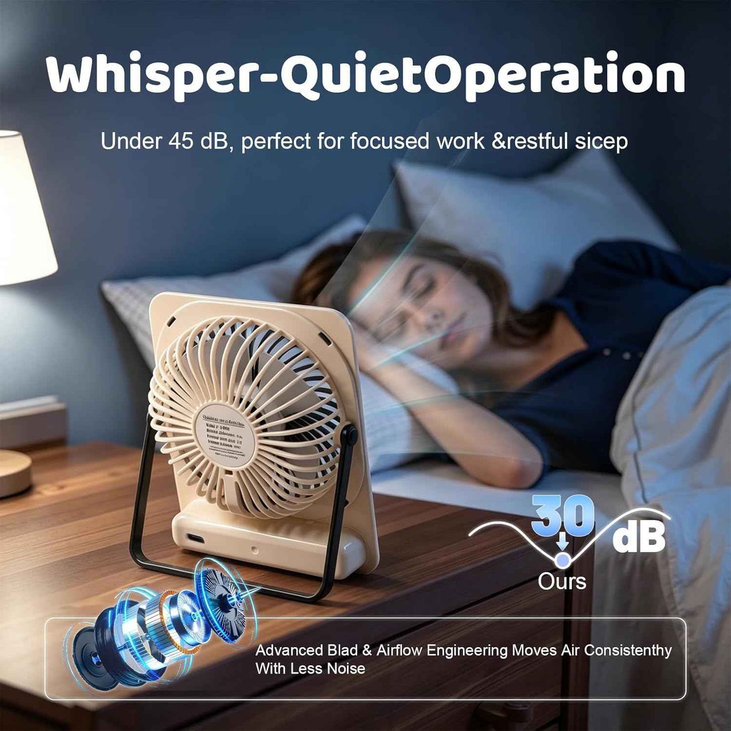 Qoqooice Portable Desk Fan Battery Operated, Quiet USB Rechargeable Mini Personal Fan with 10H Battery 5 Speeds 180° Foldable Design Small Table for Office Home Bedroom Travel Camping