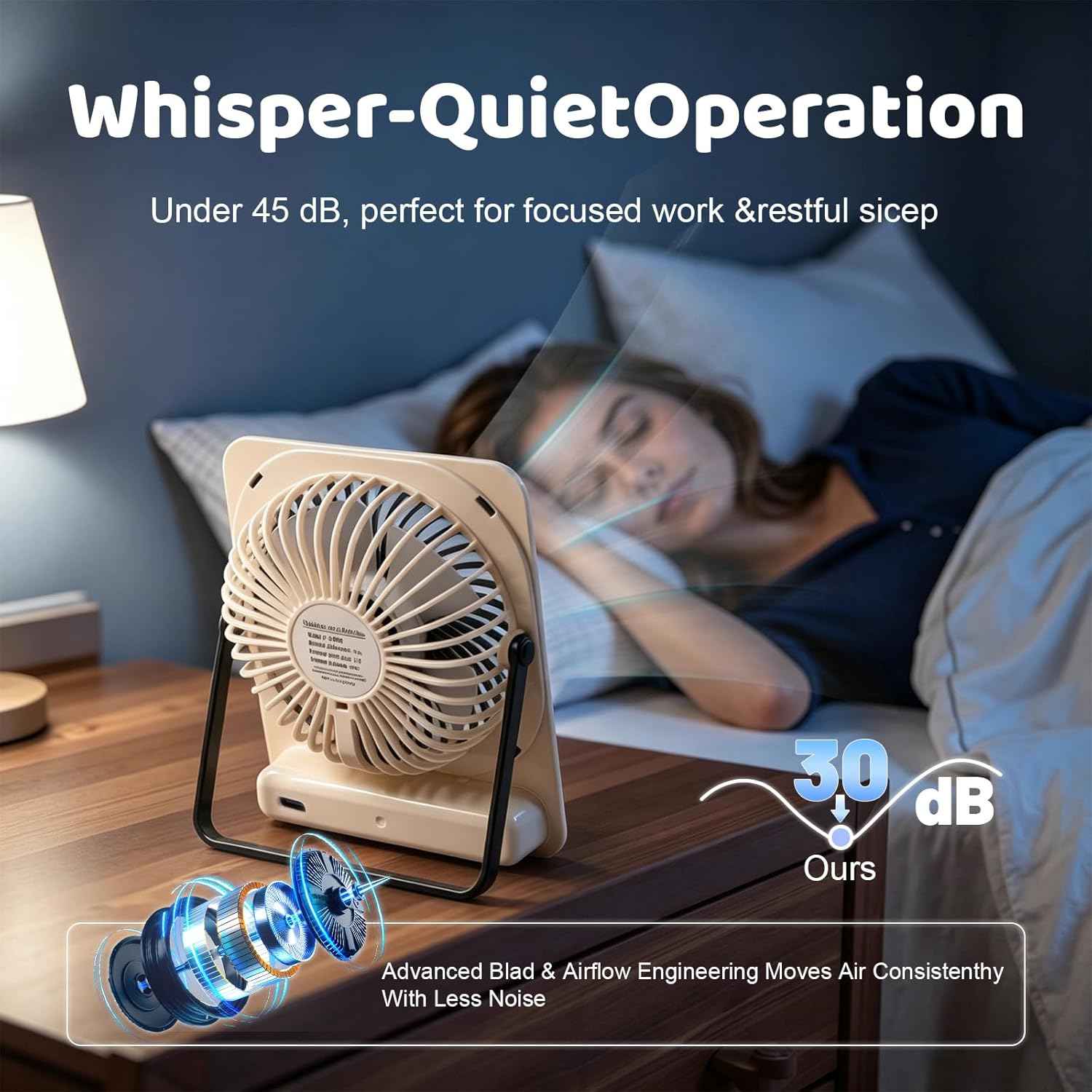 Qoqooice Portable Desk Fan Battery Operated, Quiet USB Rechargeable Mini Personal Fan with 10H Battery 5 Speeds 180° Foldable Design Small Table for Office Home Bedroom Travel Camping
