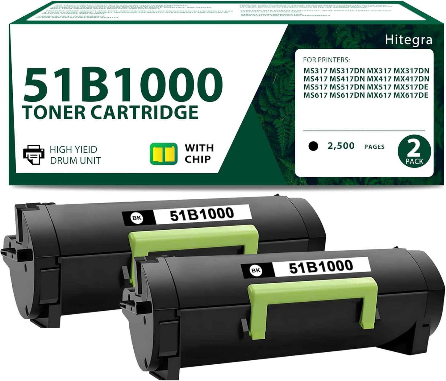 51B1000 Toner Cartridge Black (with New Chip) Replacement for Lexmark 51B1000 for MS317 MS317dn MX317 MS417 MX417 MS517 MX517 MS617 MX617 Printers, 2-Pack for 51B2000 51B00A0 Toner