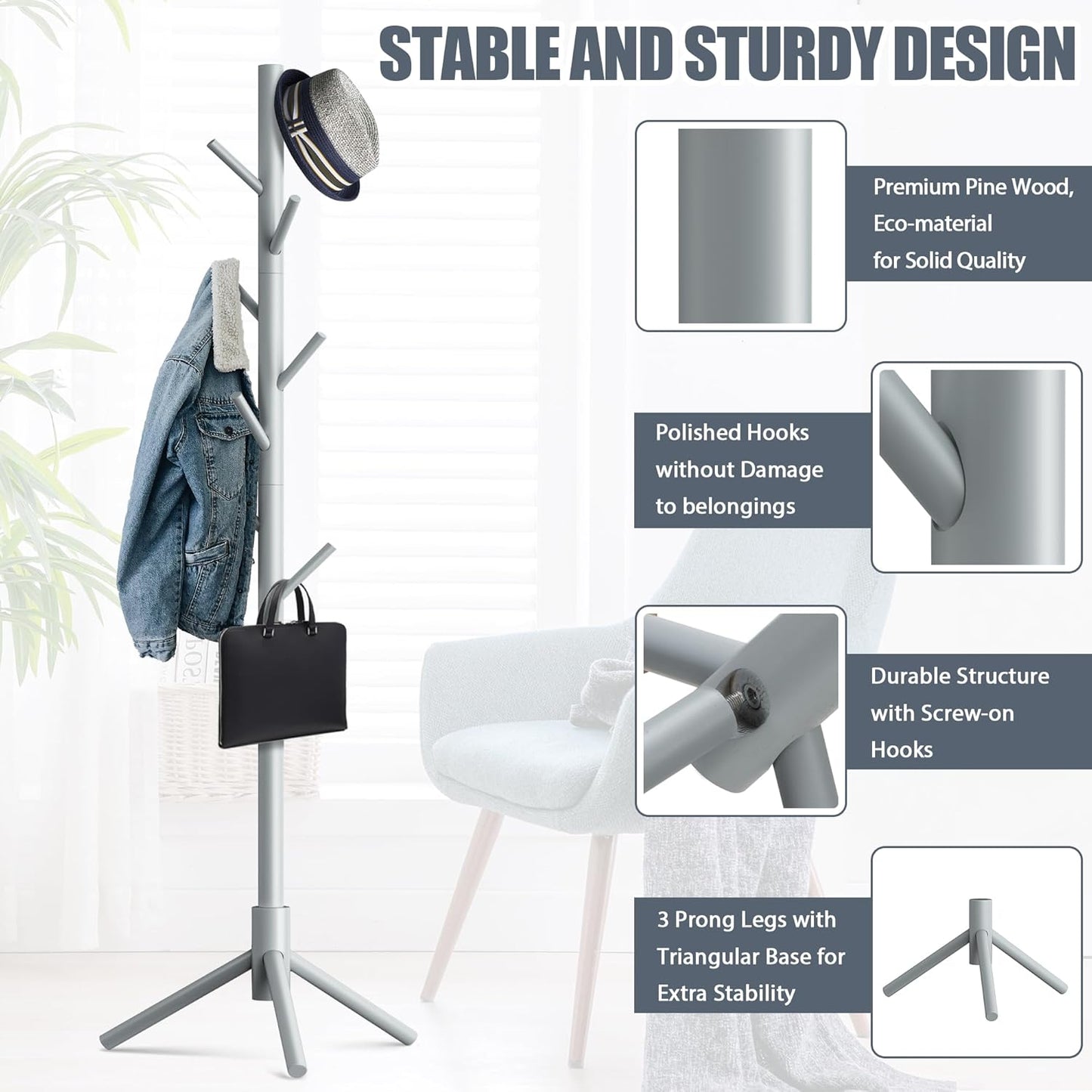 Haddockway Wooden Coat Rack Stand with 8 Hooks New Zealand Pine 3 Adjustable Coat Standing Tree Easy Assembly for Coats, Hats, Scarves and Handbags for Entryway, Hallway, Bedroom, Office - Lumora Desk