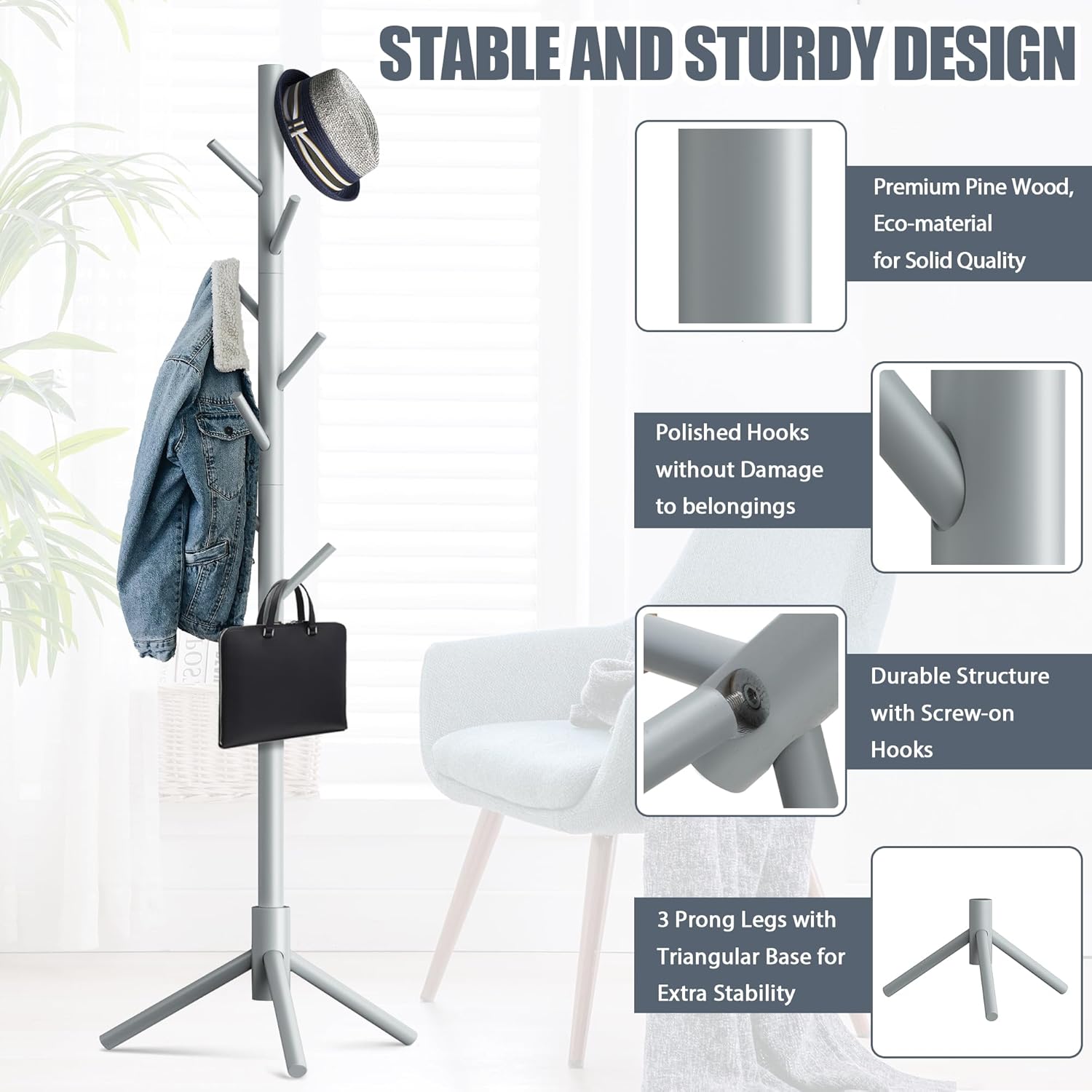 Haddockway Wooden Coat Rack Stand with 8 Hooks New Zealand Pine 3 Adjustable Coat Standing Tree Easy Assembly for Coats, Hats, Scarves and Handbags for Entryway, Hallway, Bedroom, Office - Lumora Desk